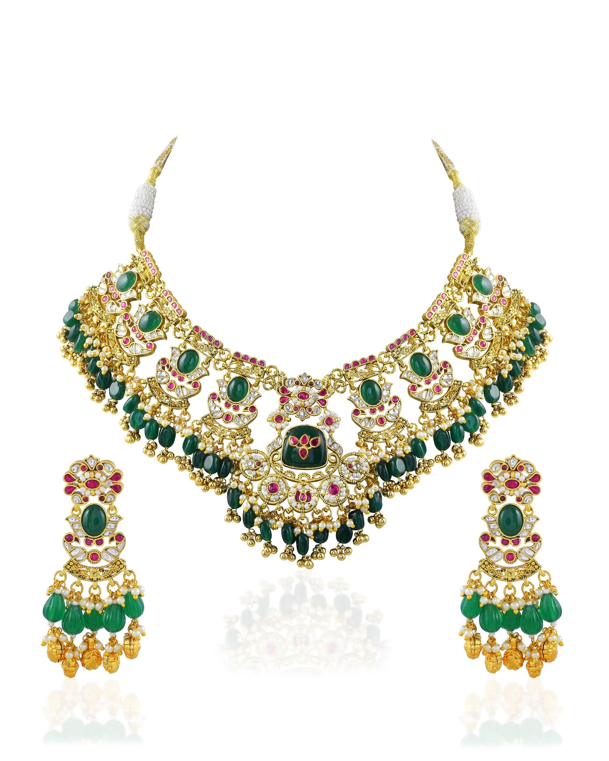 Royal Kundan Choker Necklace Set | Emerald Green Bridal Jewelry with Meenakari Earrings