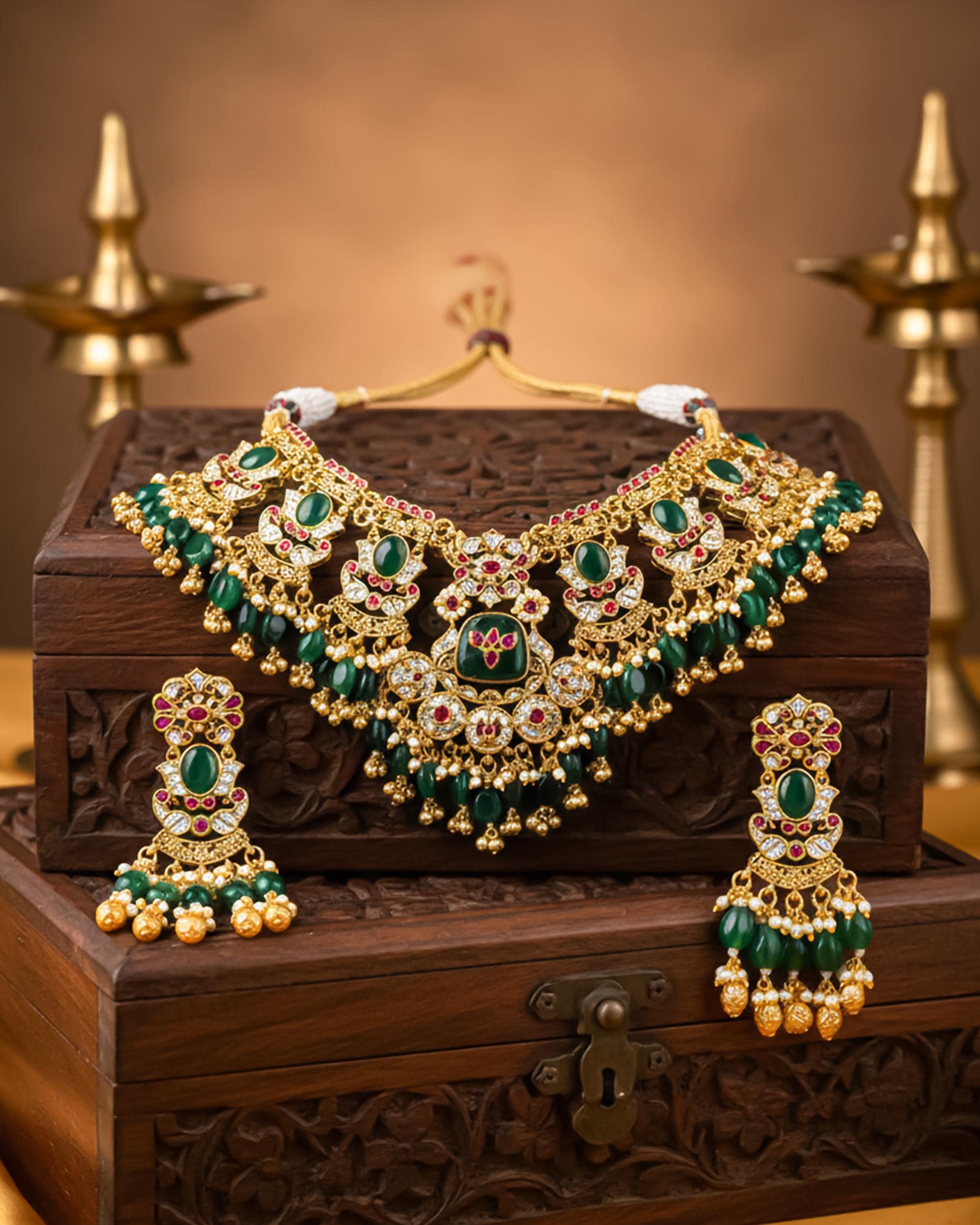 Royal Kundan Choker Necklace Set | Emerald Green Bridal Jewelry with Meenakari Earrings