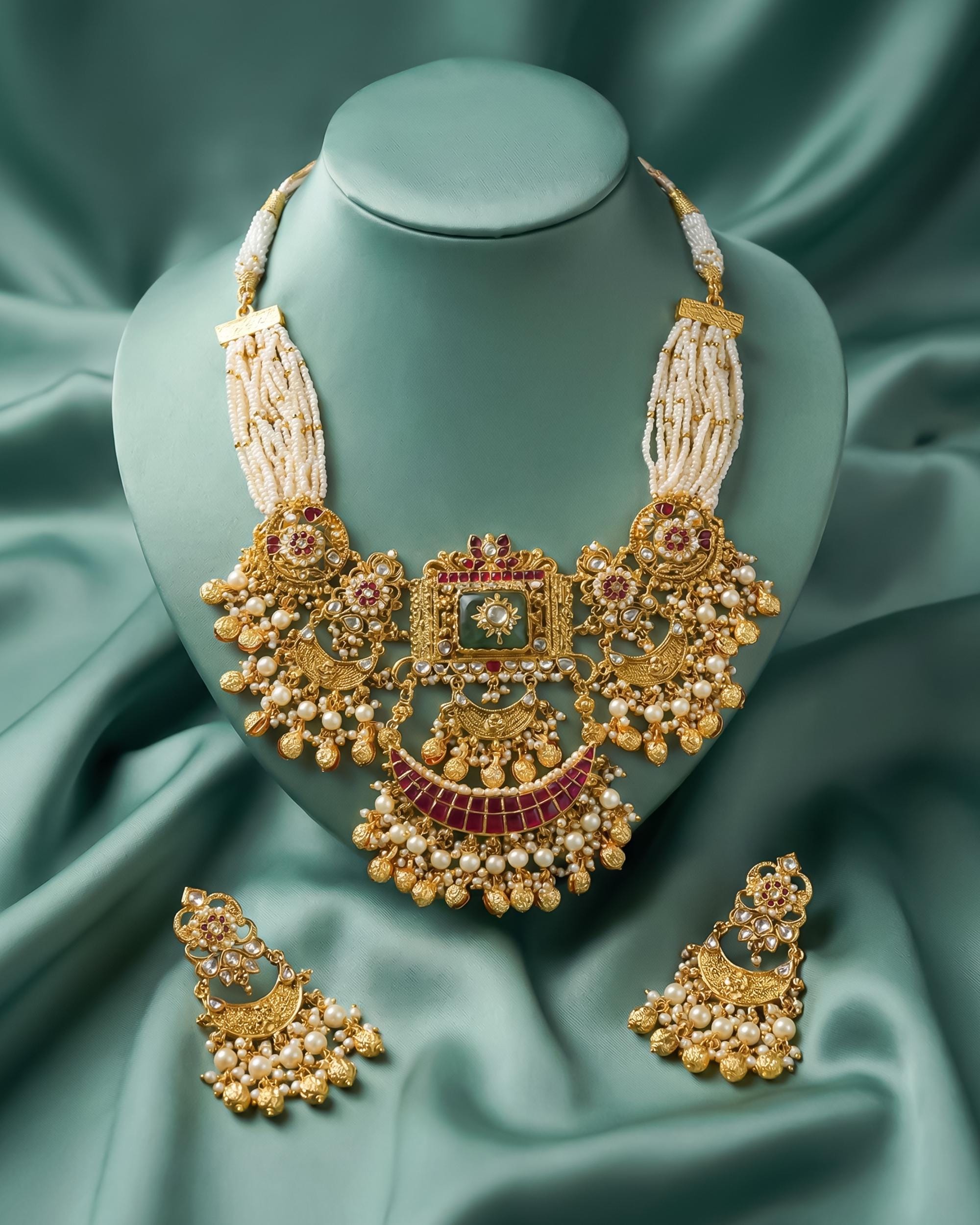 Vintage Rajasthani Hasli Necklace, Pearl Emerald Ruby Chandbali Choker, Antique Gold Plated Bridal Jewelry