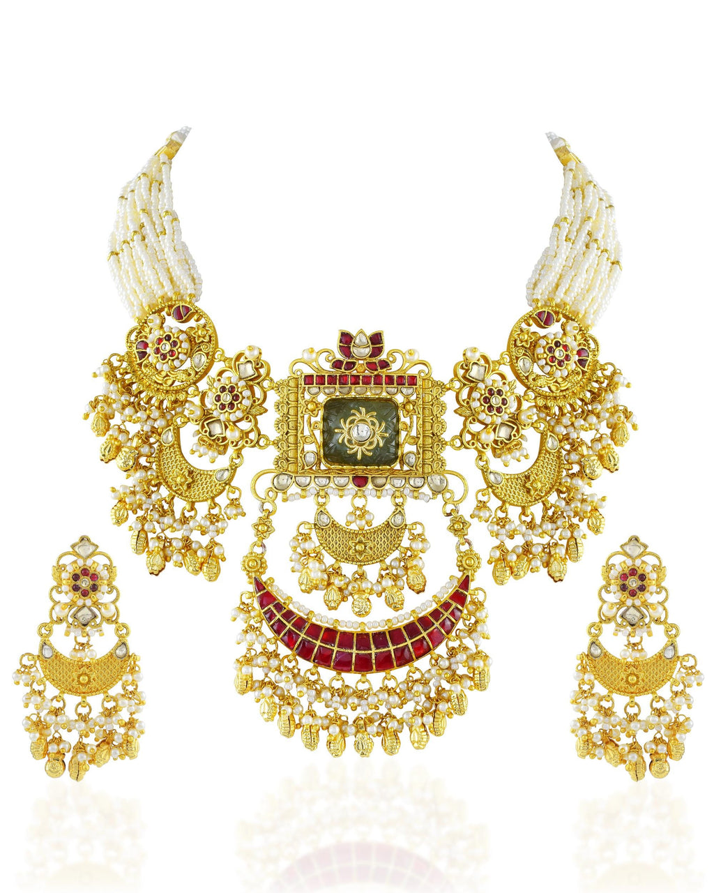 Vintage Rajasthani Hasli Necklace, Pearl Emerald Ruby Chandbali Choker, Antique Gold Plated Bridal Jewelry