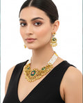 Lotus Meenakari Choker Necklace with Pearls, Antique Gold Plated Indian Festive Jewelry Set
