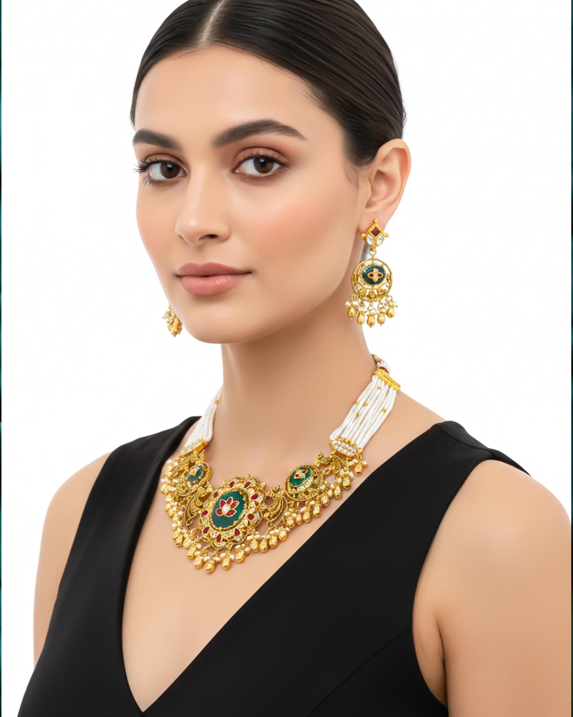 Lotus Meenakari Choker Necklace with Pearls, Antique Gold Plated Indian Festive Jewelry Set