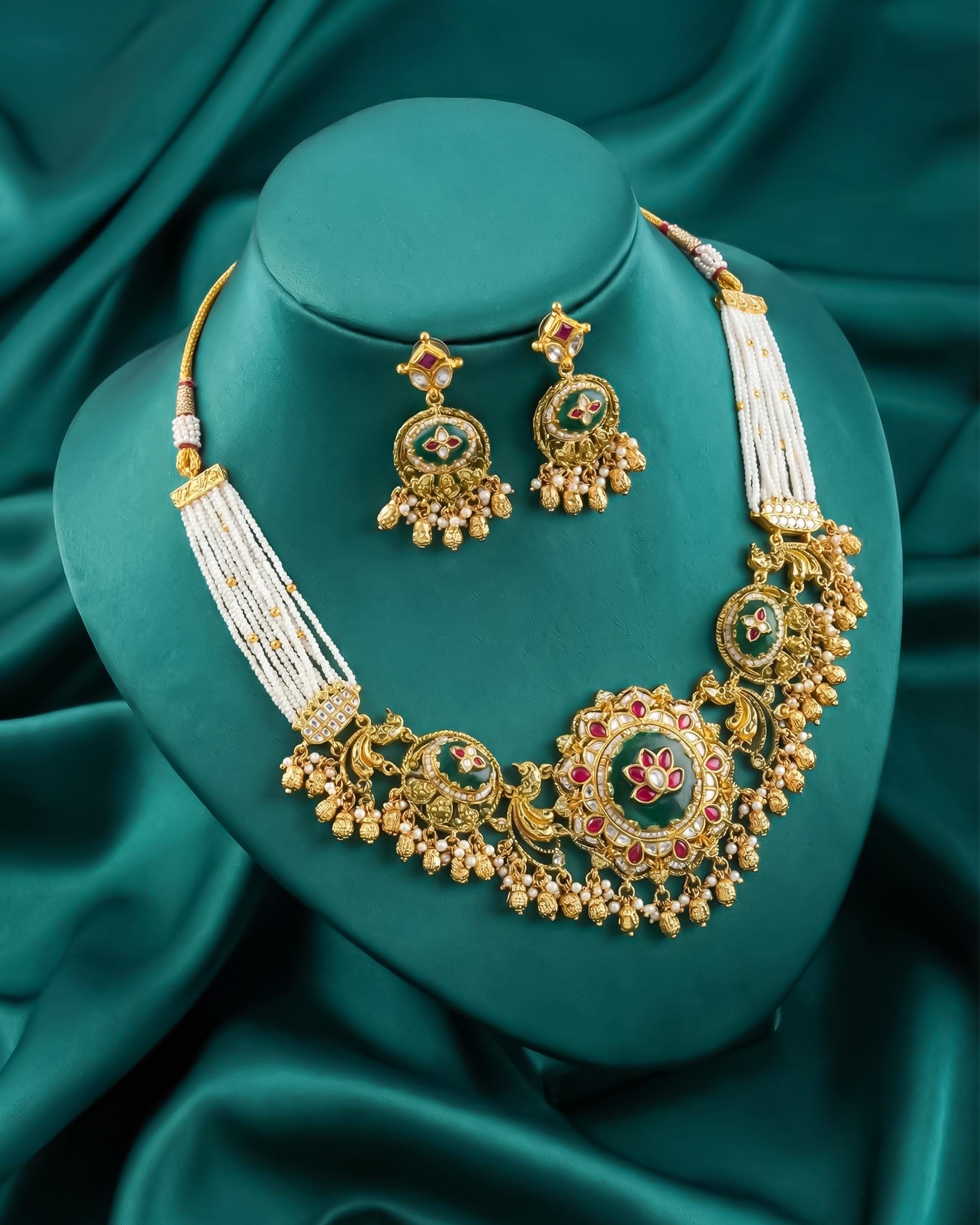 Lotus Meenakari Choker Necklace with Pearls, Antique Gold Plated Indian Festive Jewelry Set