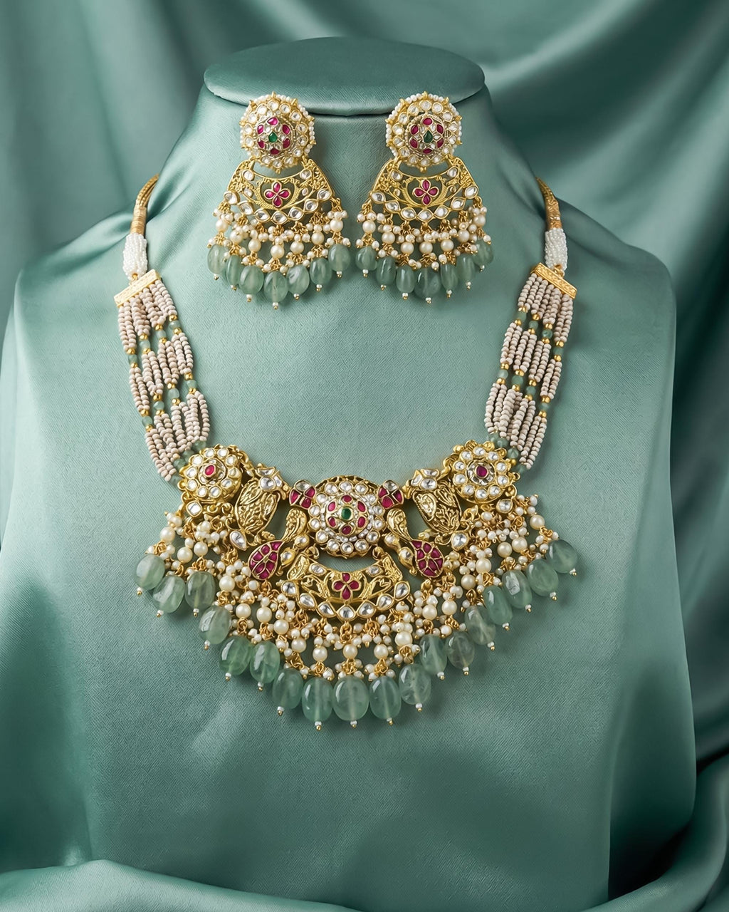 Antique Gold Plated Choker Necklace Set | Mint Green Pearls, Peacock Motifs