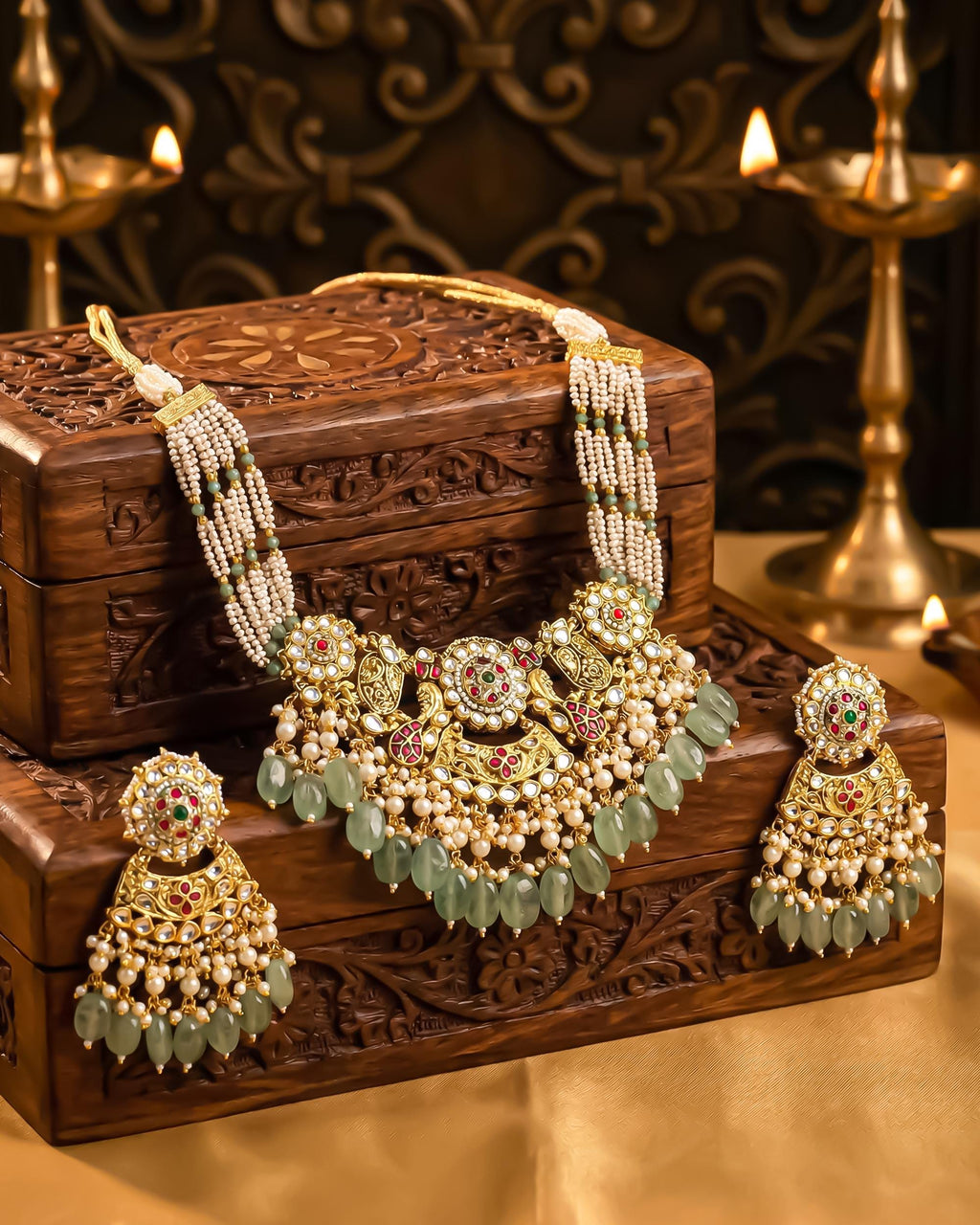 Antique Gold Plated Choker Necklace Set | Mint Green Pearls, Peacock Motifs