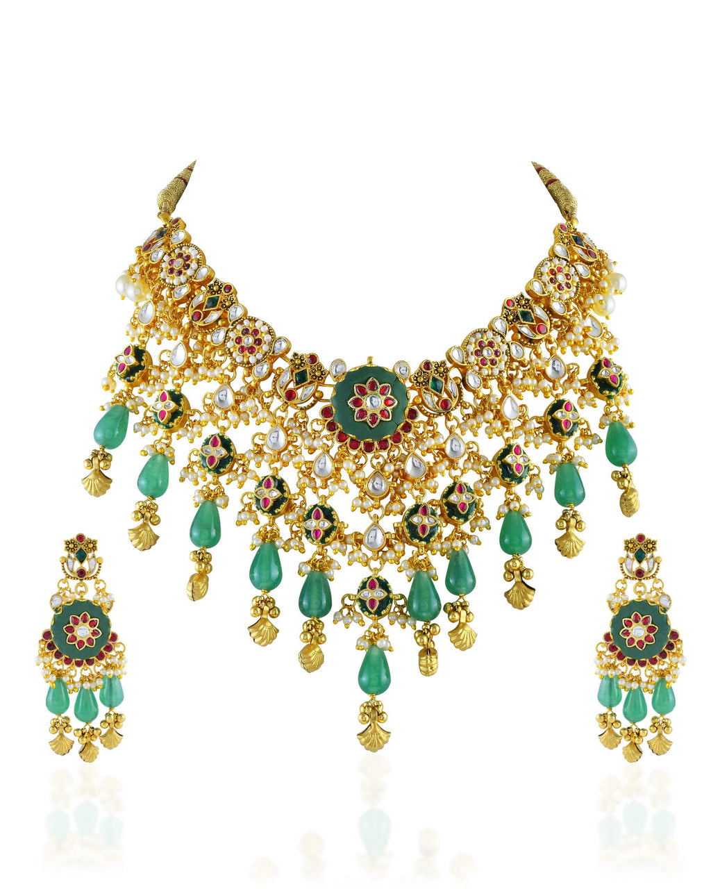 Grand Pachi Kundan Bridal Choker Set: Meenakari Pearls, Mint Droplets, Indian Wedding Jewelry