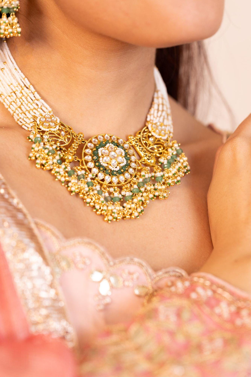 Traditional Kundan Necklace Set with Jhumkas | Multi-Strand Pearl Choker, Emeralds