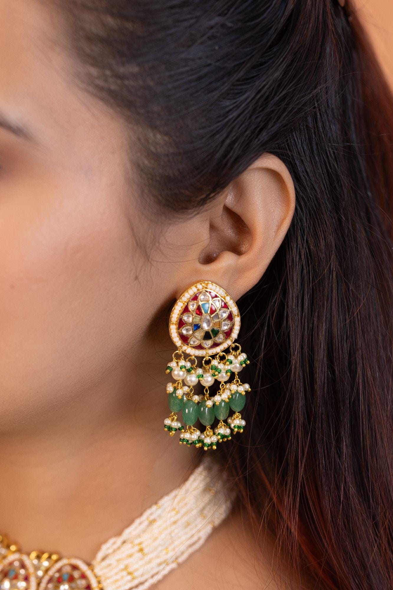 Navratna Kundan Choker Set | Multi Color Stone Pearl Indian Bridal Jewelry