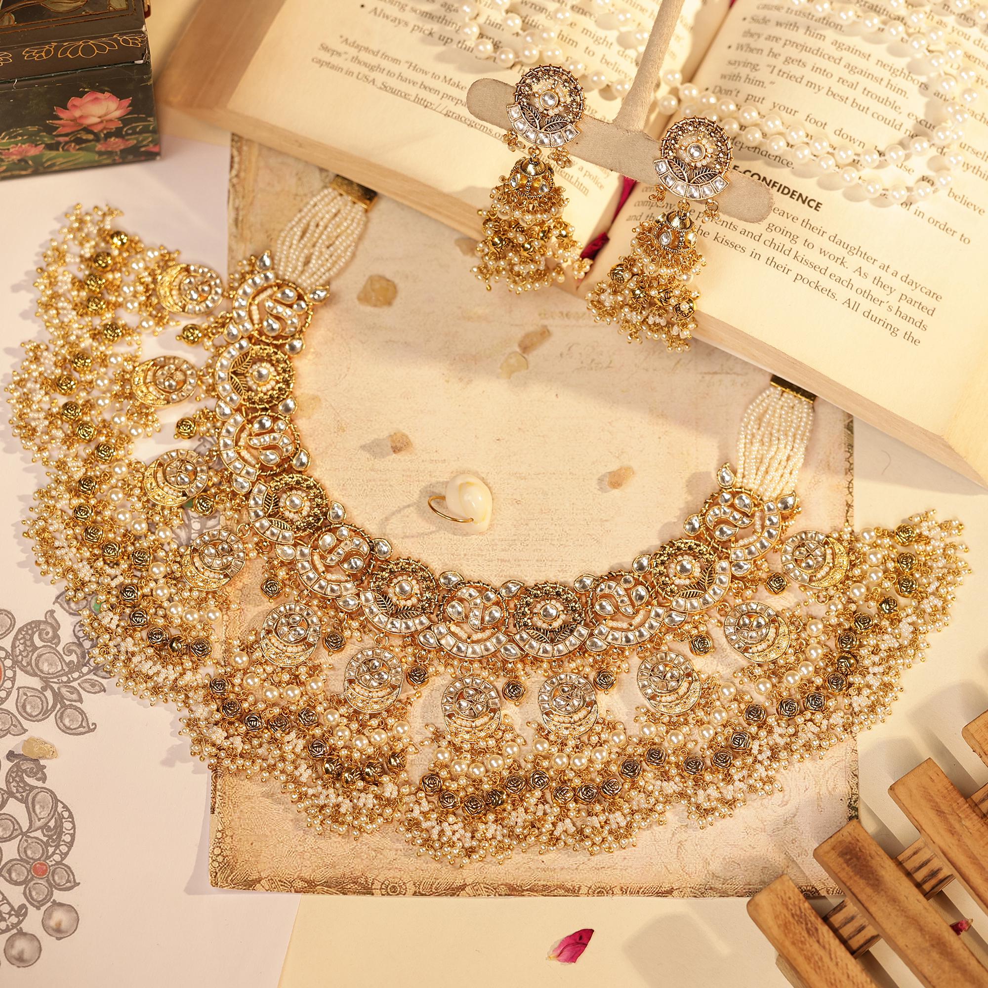 Heavy Kundan Choker Set | Pearl Bridal Necklace, Jhumkas, Antique Gold Finish