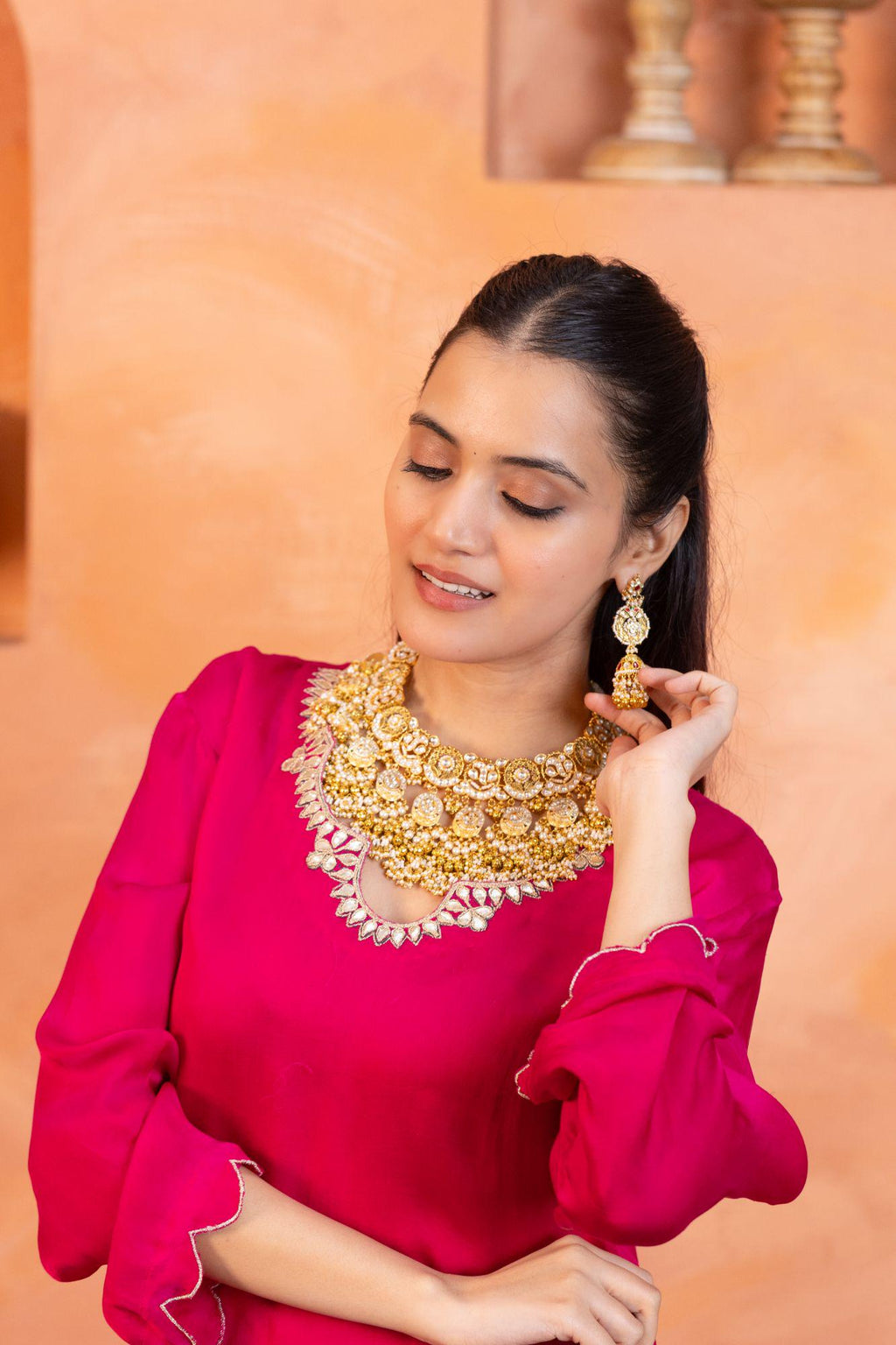 Heavy Kundan Choker Set | Pearl Bridal Necklace, Jhumkas, Antique Gold Finish
