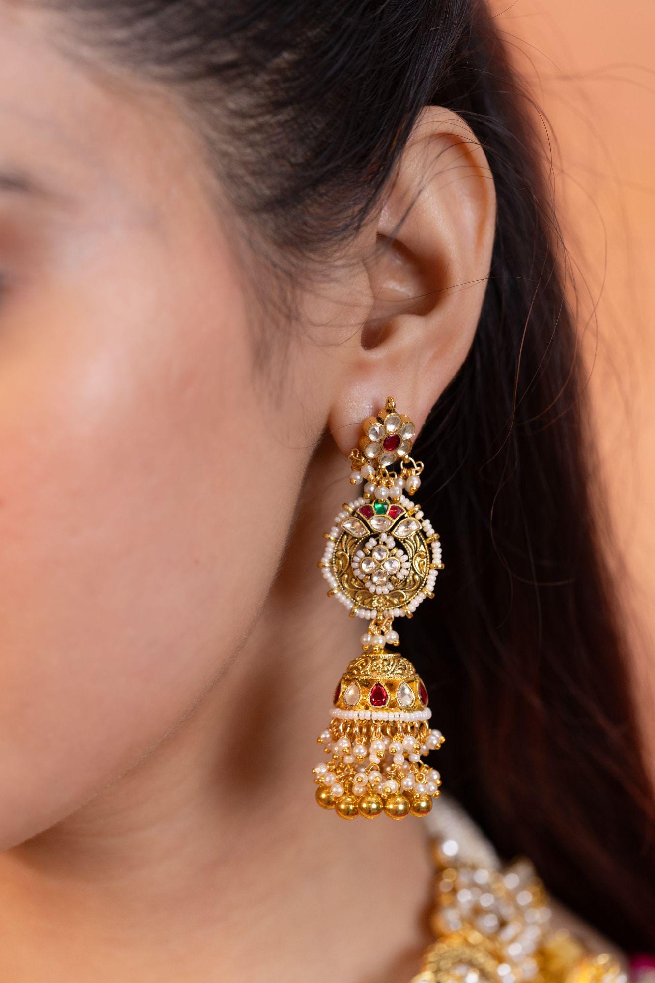 Heavy Kundan Choker Set | Pearl Bridal Necklace, Jhumkas, Antique Gold Finish