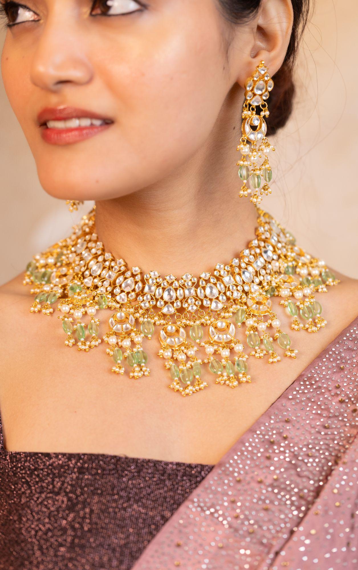 Mint Green Kundan Polki Choker Set | Chandbali Bridal Necklace, Earrings
