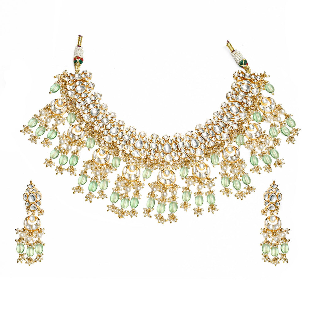 Mint Green Kundan Polki Choker Set | Chandbali Bridal Necklace, Earrings