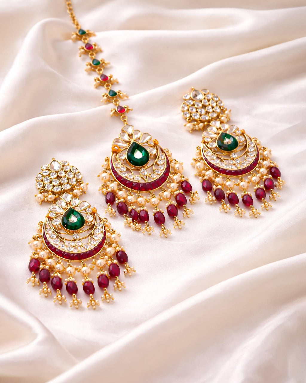 Kundan Chandbali Earrings & Maang Tikka Set | Ruby Emerald Bridal Jewelry