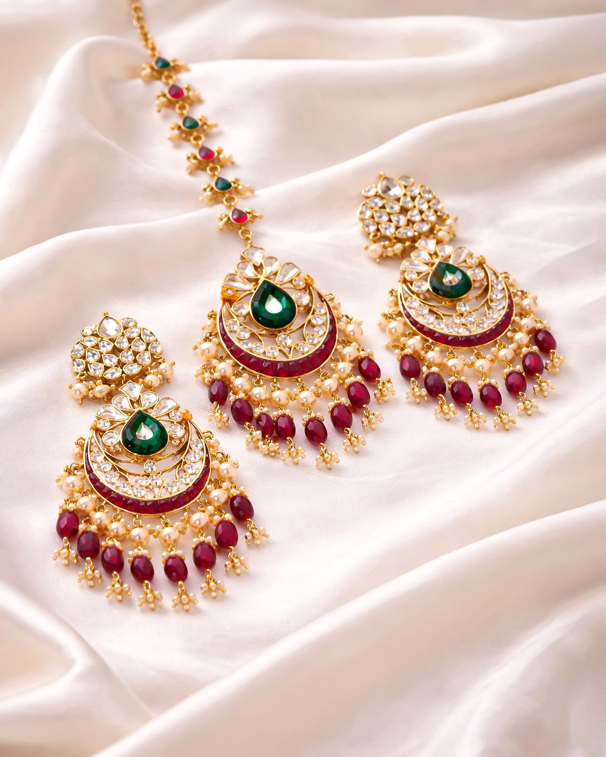 Kundan Chandbali Earrings & Maang Tikka Set | Ruby Emerald Bridal Jewelry