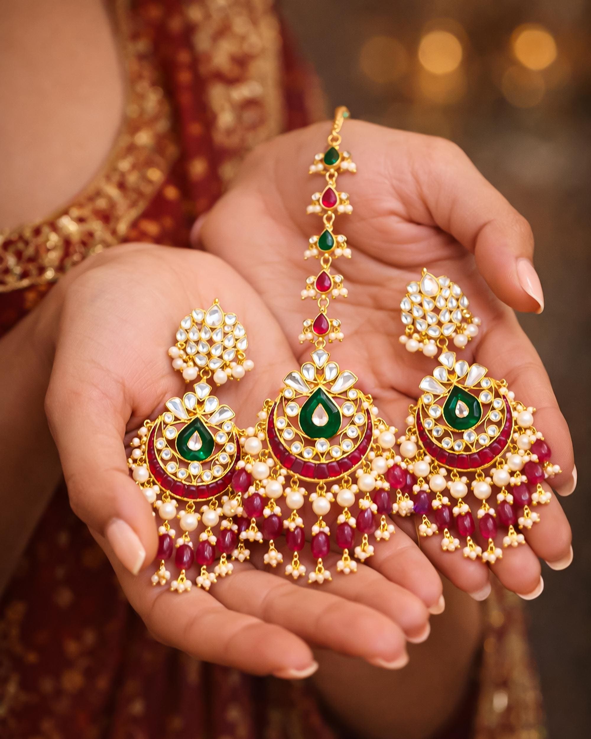 Kundan Chandbali Earrings & Maang Tikka Set | Ruby Emerald Bridal Jewelry