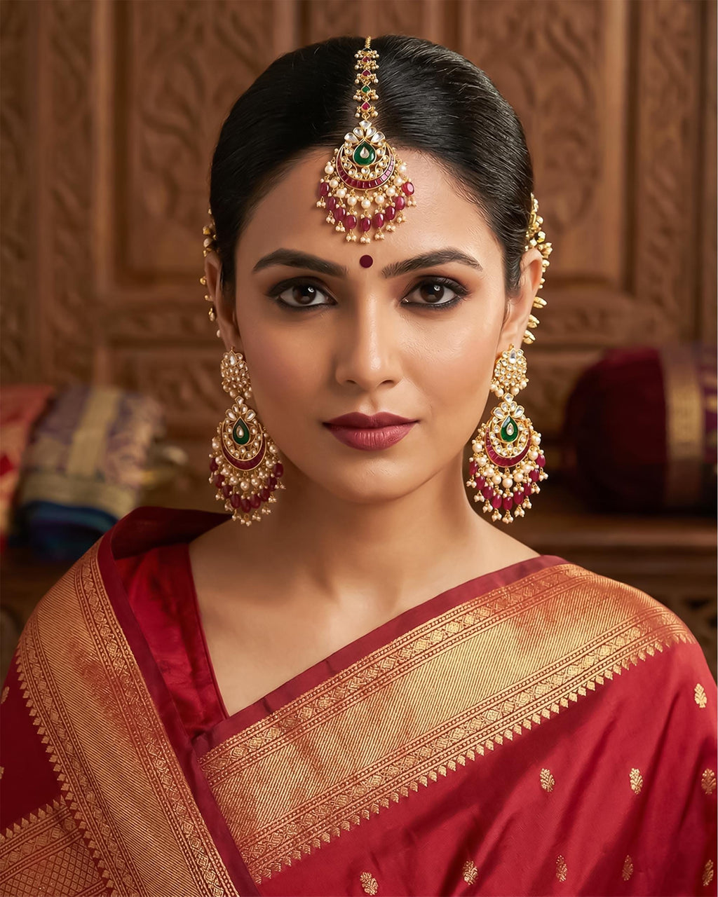 Kundan Chandbali Earrings & Maang Tikka Set | Ruby Emerald Bridal Jewelry