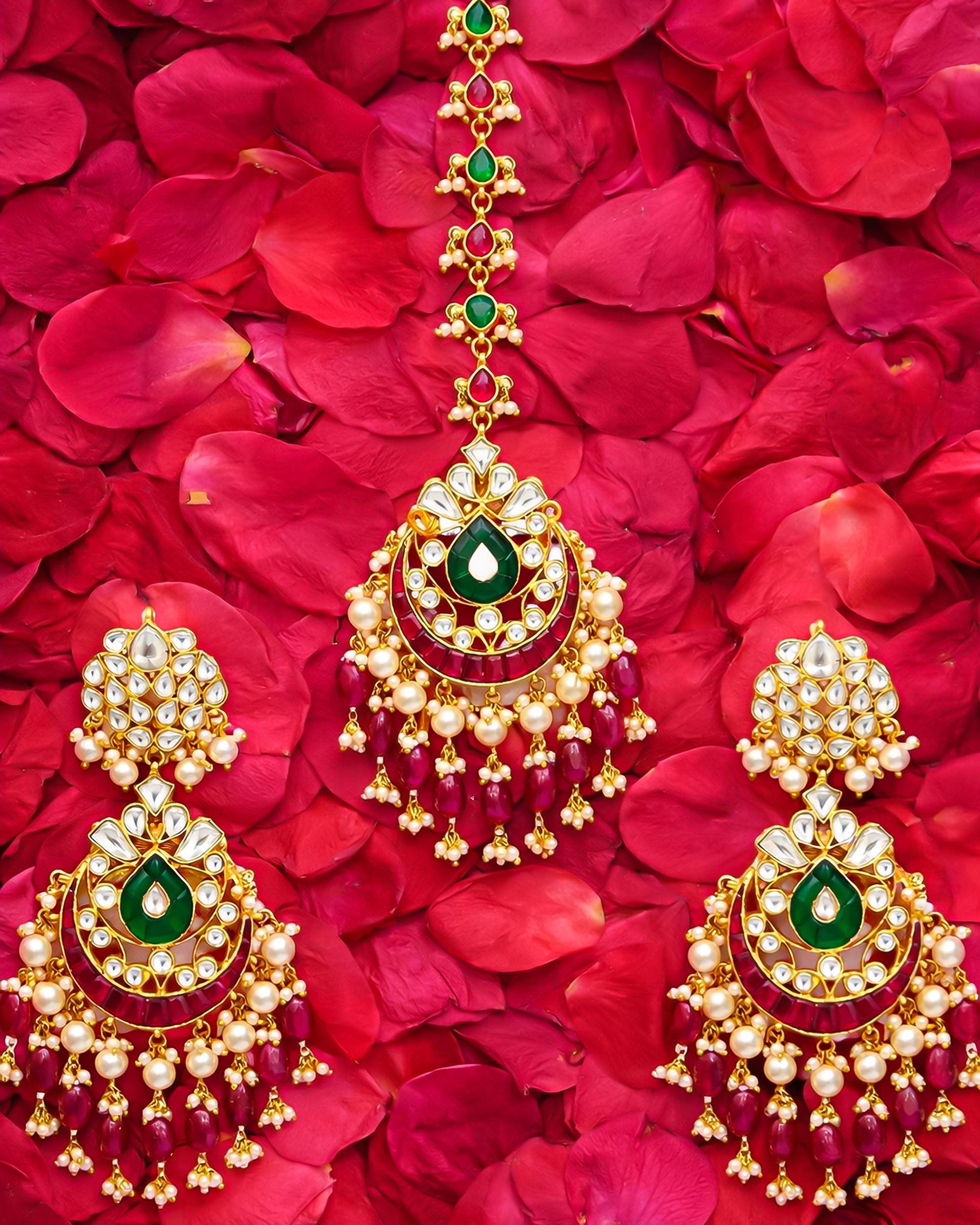 Kundan Chandbali Earrings & Maang Tikka Set | Ruby Emerald Bridal Jewelry