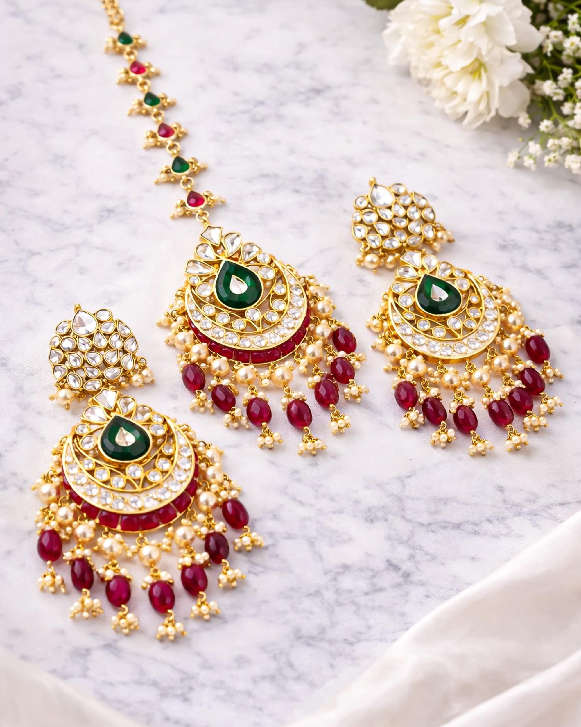 Kundan Chandbali Earrings & Maang Tikka Set | Ruby Emerald Bridal Jewelry