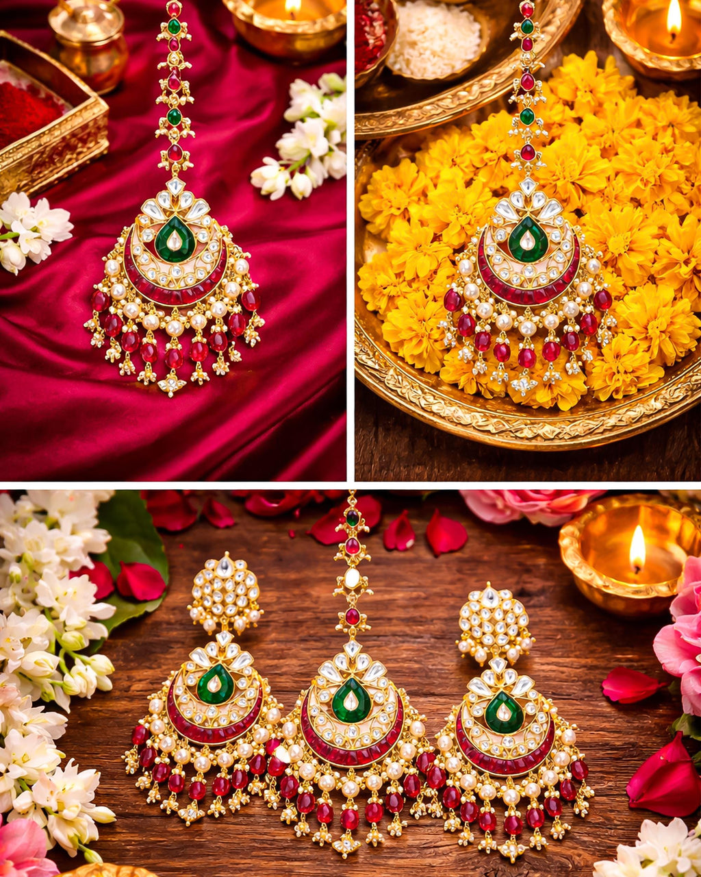 Kundan Chandbali Earrings & Maang Tikka Set | Ruby Emerald Bridal Jewelry