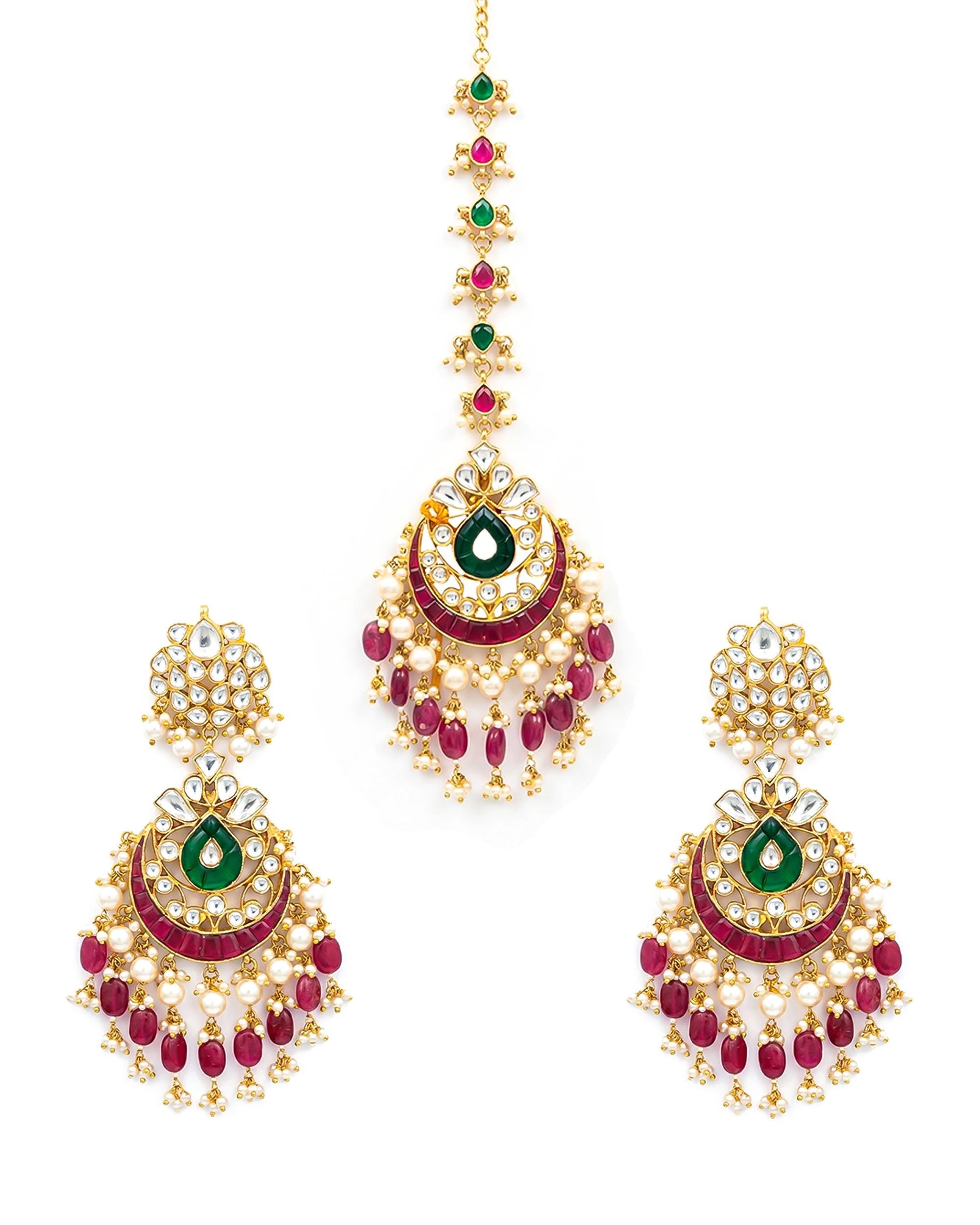 Kundan Chandbali Earrings & Maang Tikka Set | Ruby Emerald Bridal Jewelry