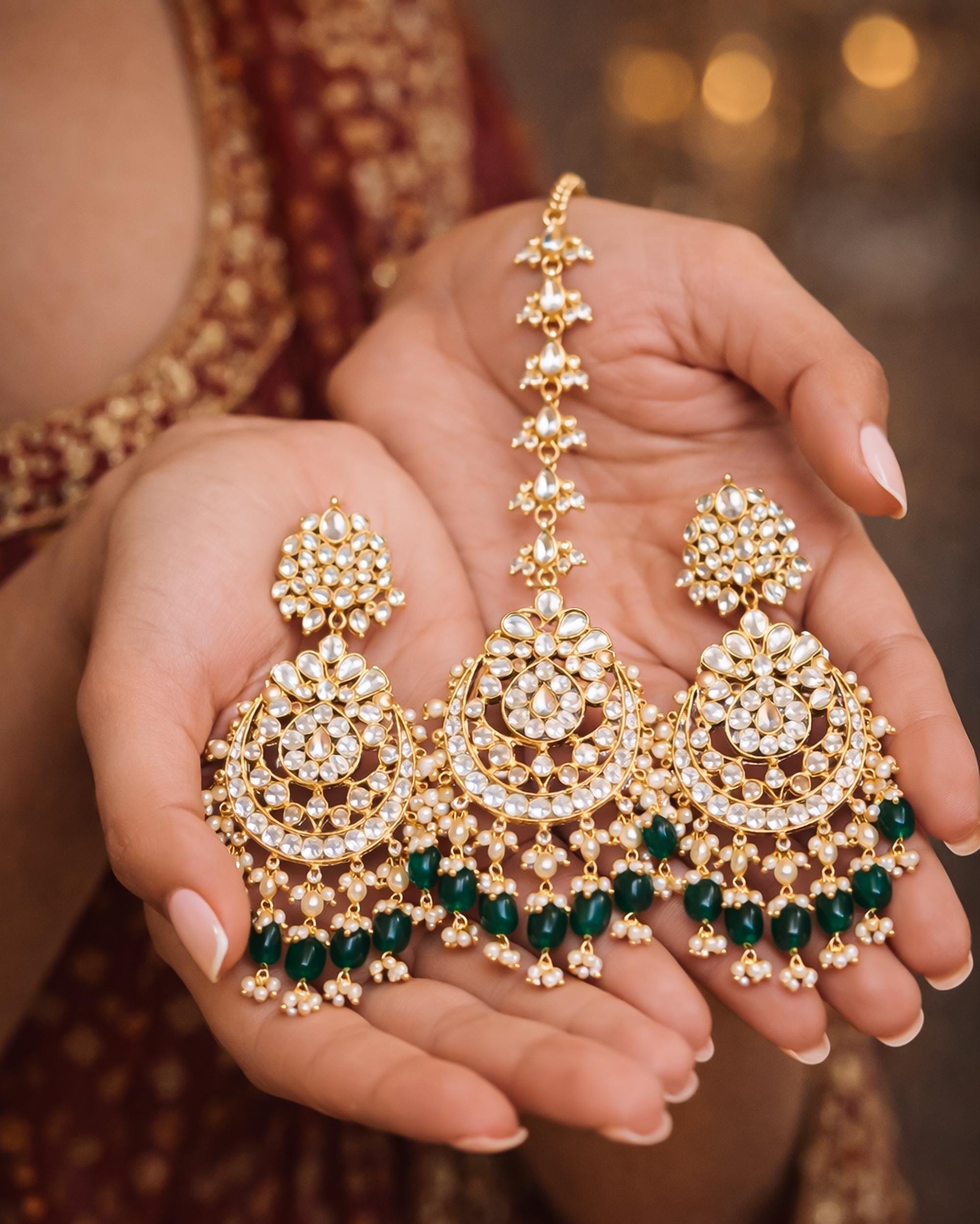 Kundan Chandbali Earrings with Forehead Tikka | Emerald Green Pearl Festive Jewelry Set
