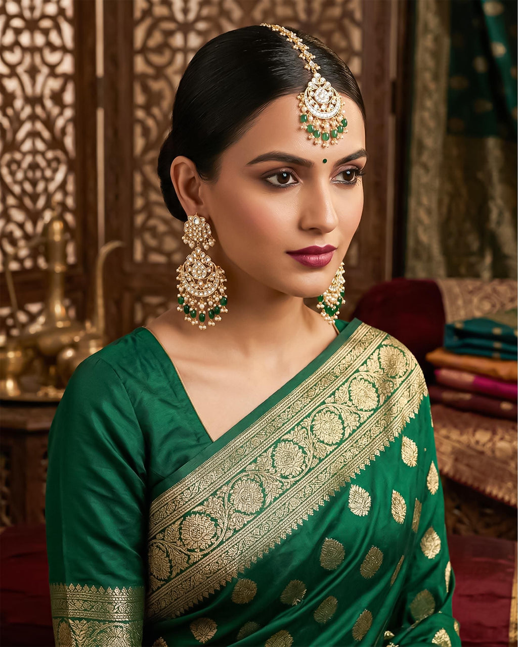 Kundan Chandbali Earrings with Forehead Tikka | Emerald Green Pearl Festive Jewelry Set
