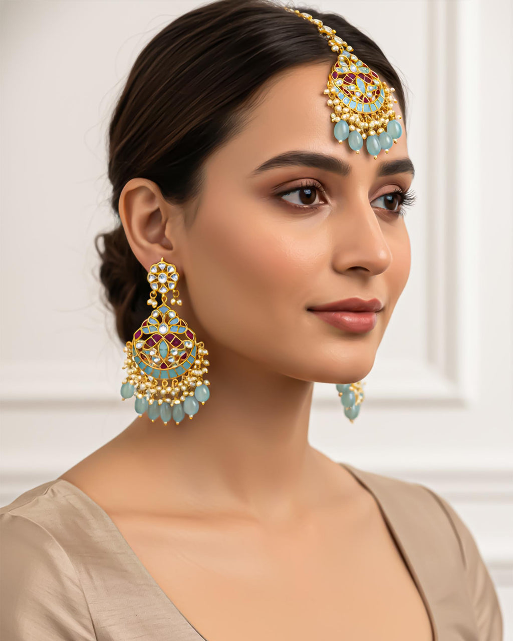 Handcrafted Meenakari Chandbalis with Forehead Tikka | Powder Blue Pearl Punjabi Jewelry Set