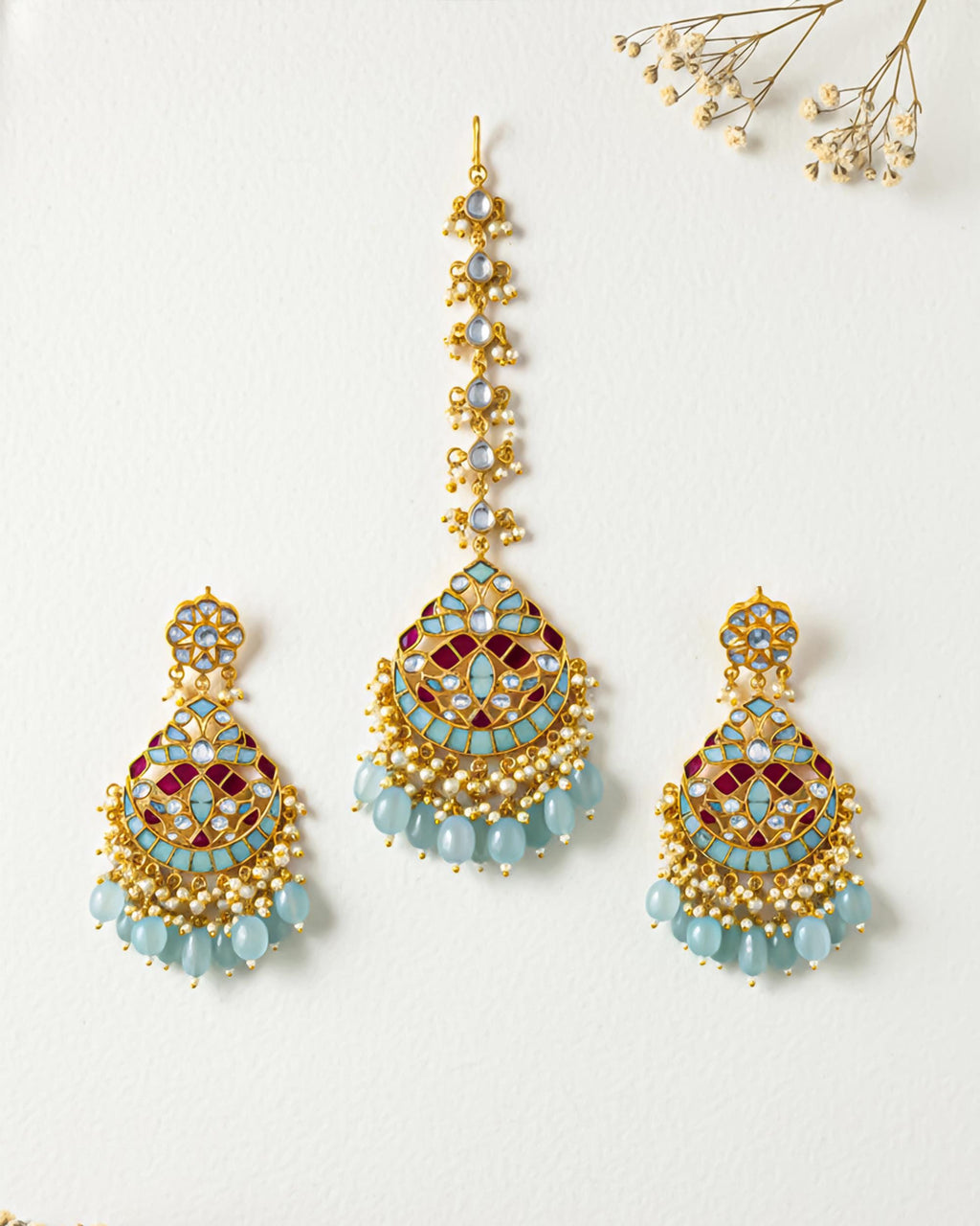 Handcrafted Meenakari Chandbalis with Forehead Tikka | Powder Blue Pearl Punjabi Jewelry Set