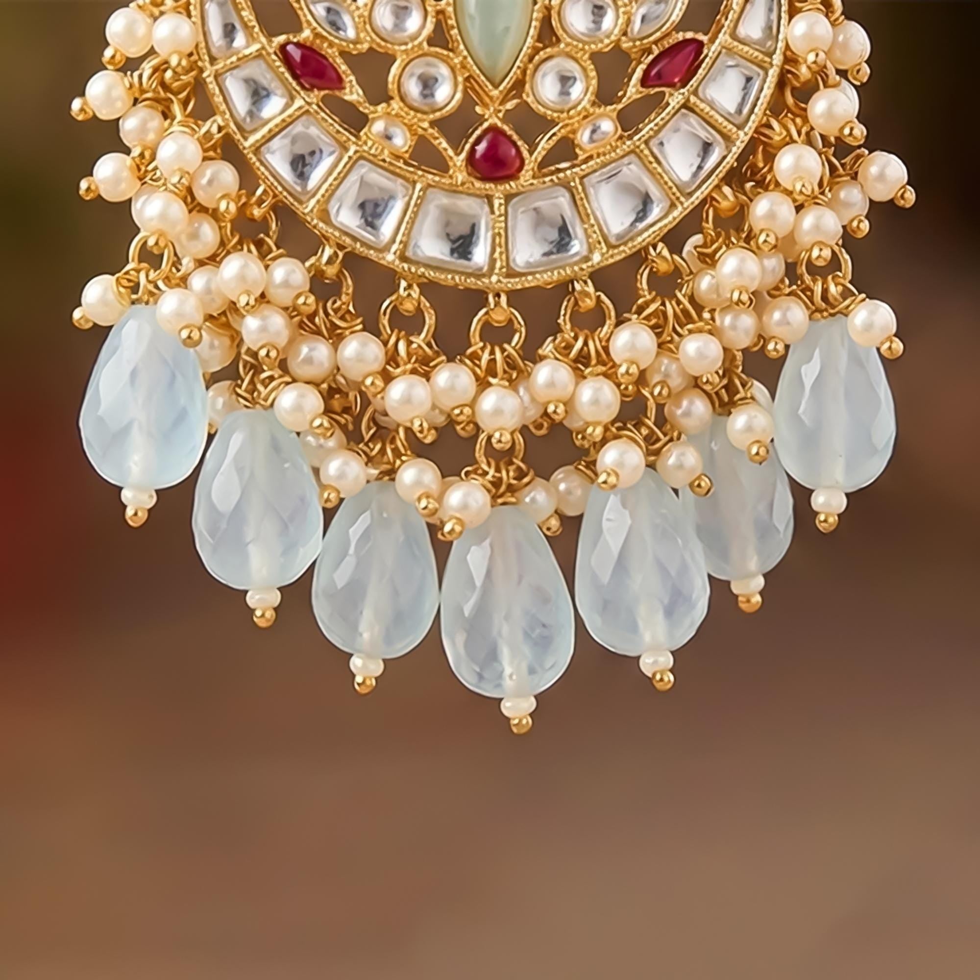 Handcrafted Meenakari Chandbalis with Forehead Tikka | Powder Blue Pearl Punjabi Jewelry Set