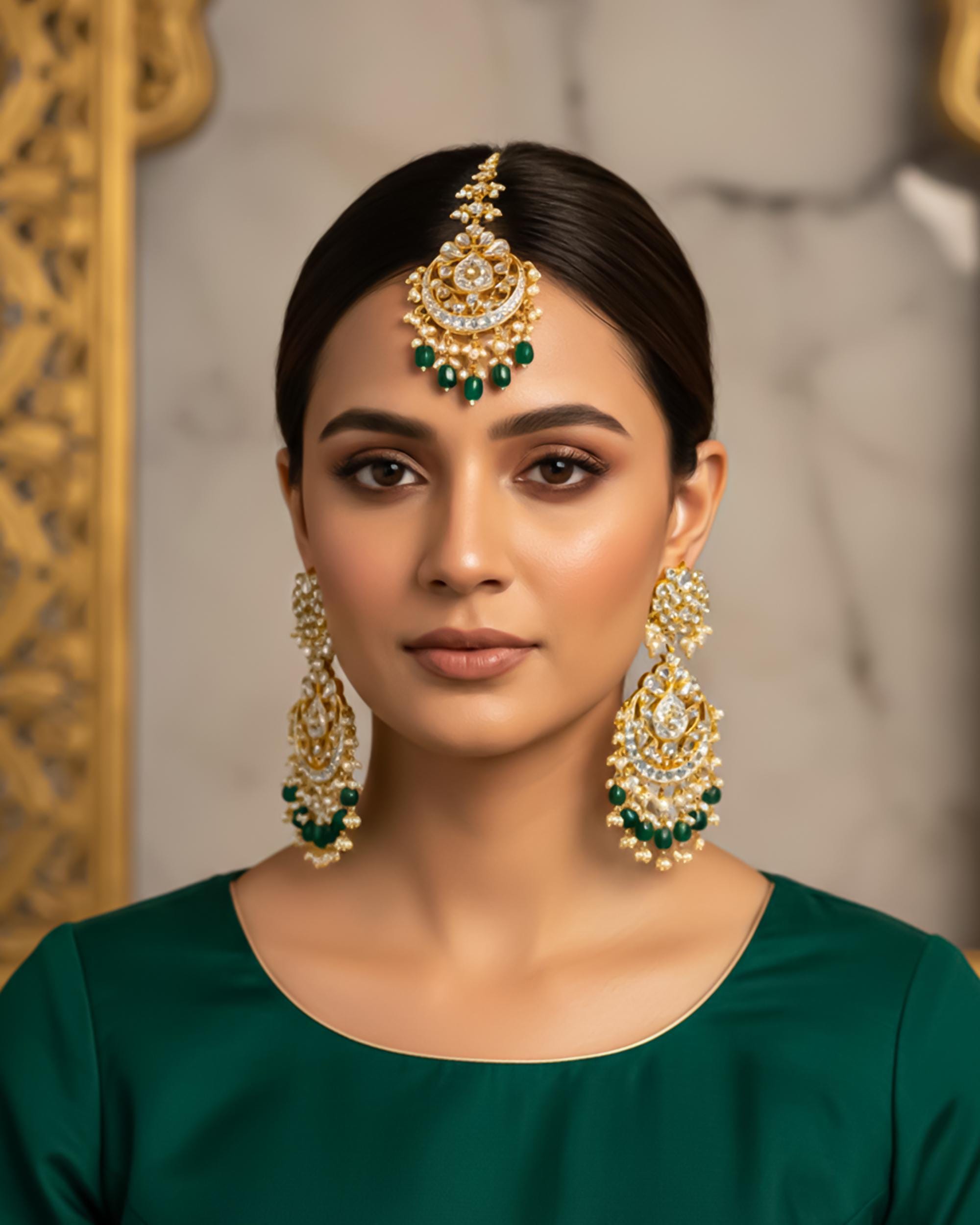 Handcrafted Kundan Chandbali Earrings with Forehead Tikka | Emerald Pearl Green Bead Jewelry