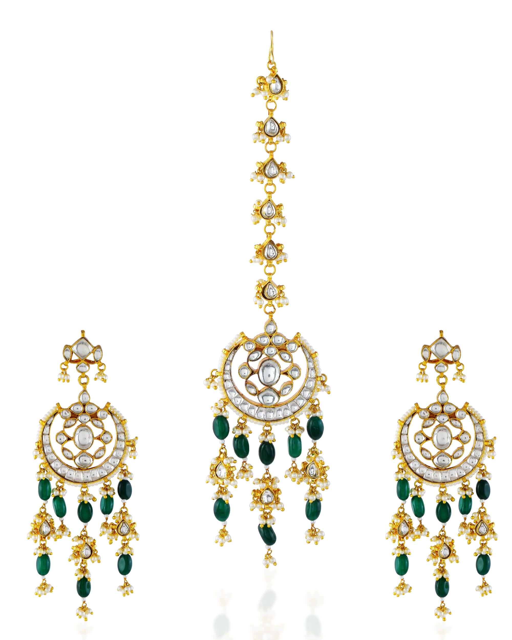 Kundan Chandbali Earrings with Maang Tikka | Emerald Pearl Gold Plated Set