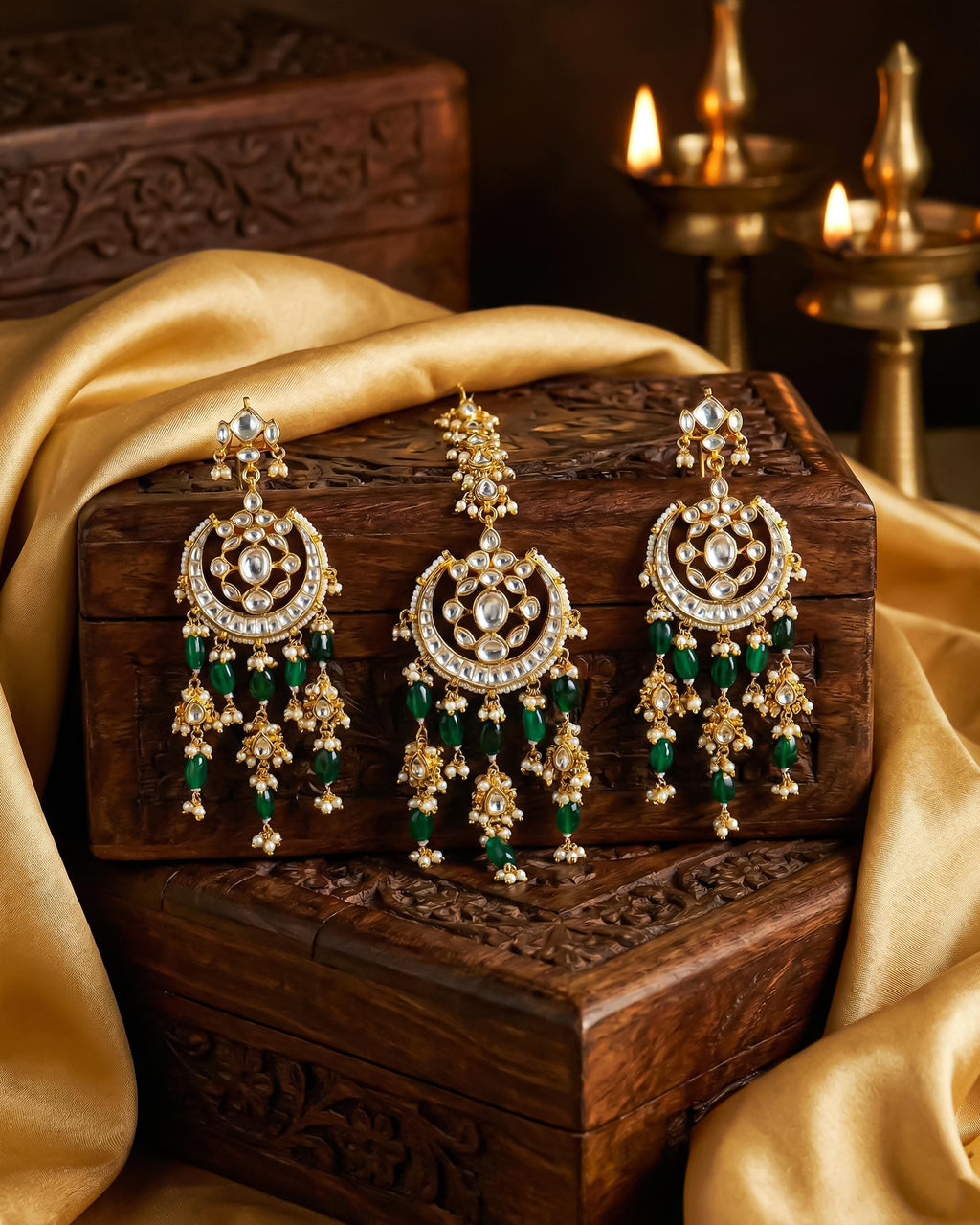 Kundan Chandbali Earrings with Maang Tikka | Emerald Pearl Gold Plated Set