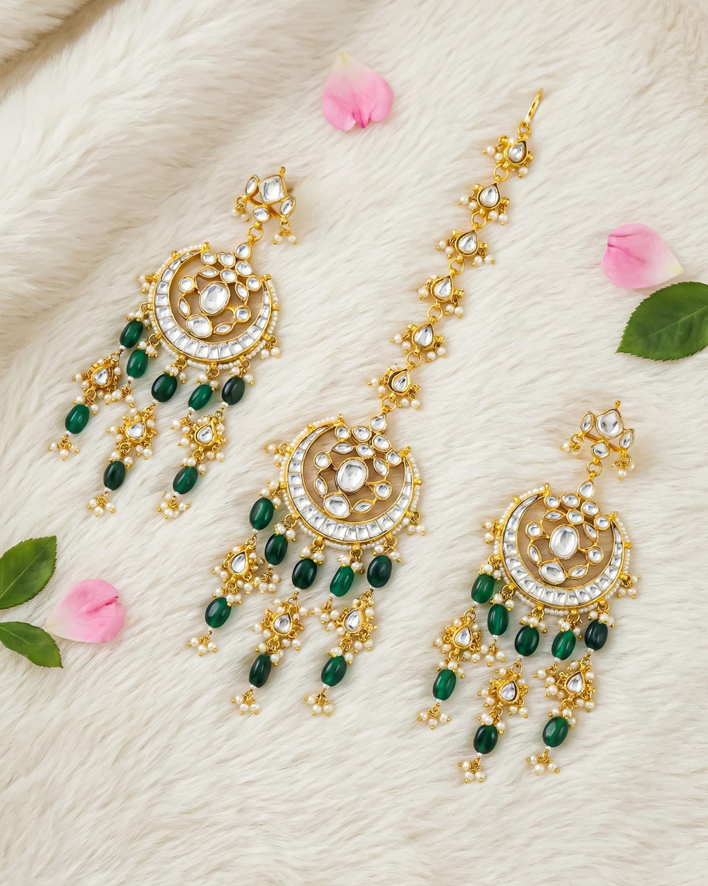 Kundan Chandbali Earrings with Maang Tikka | Emerald Pearl Gold Plated Set