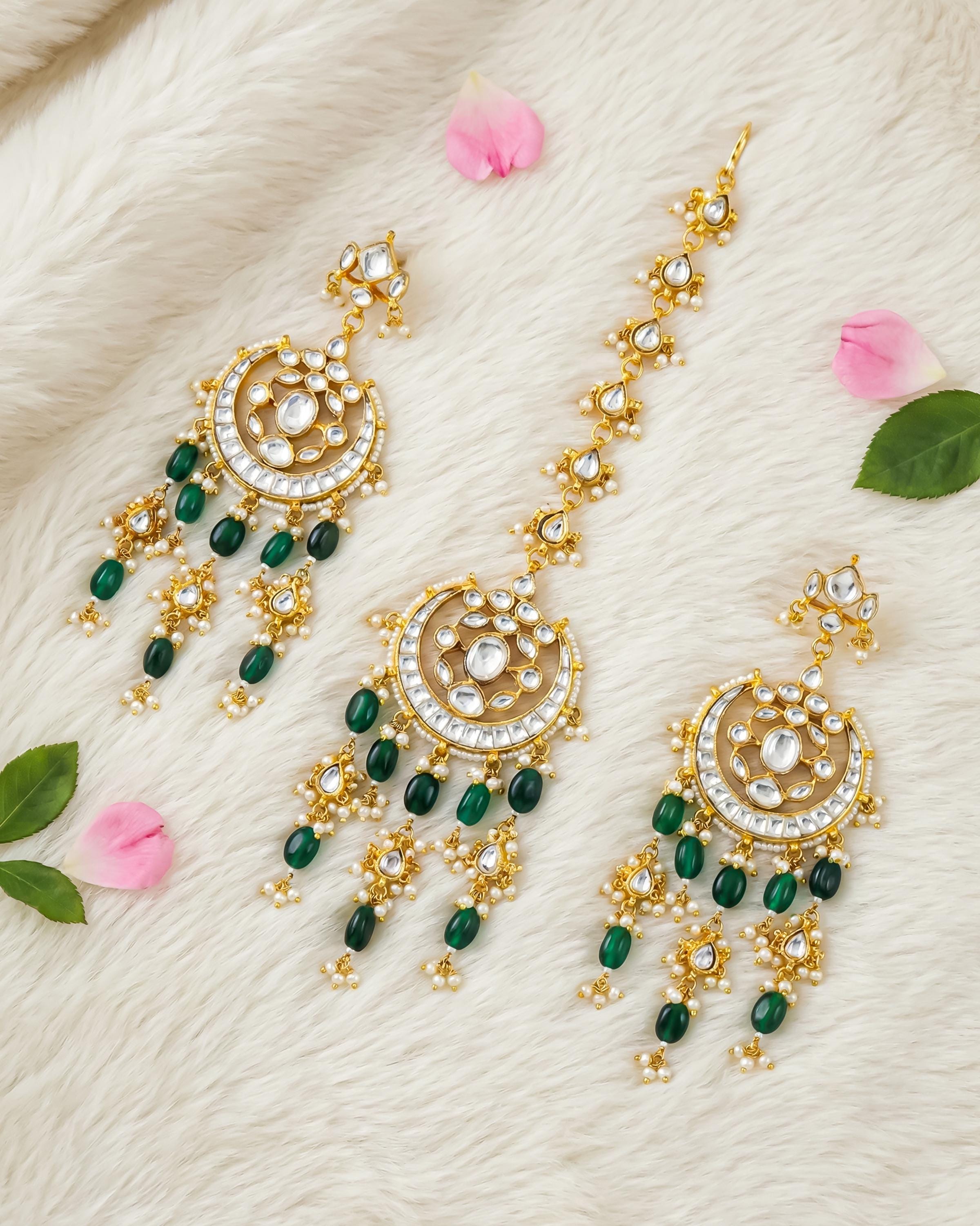 Kundan Chandbali Earrings with Maang Tikka | Emerald Pearl Gold Plated Set