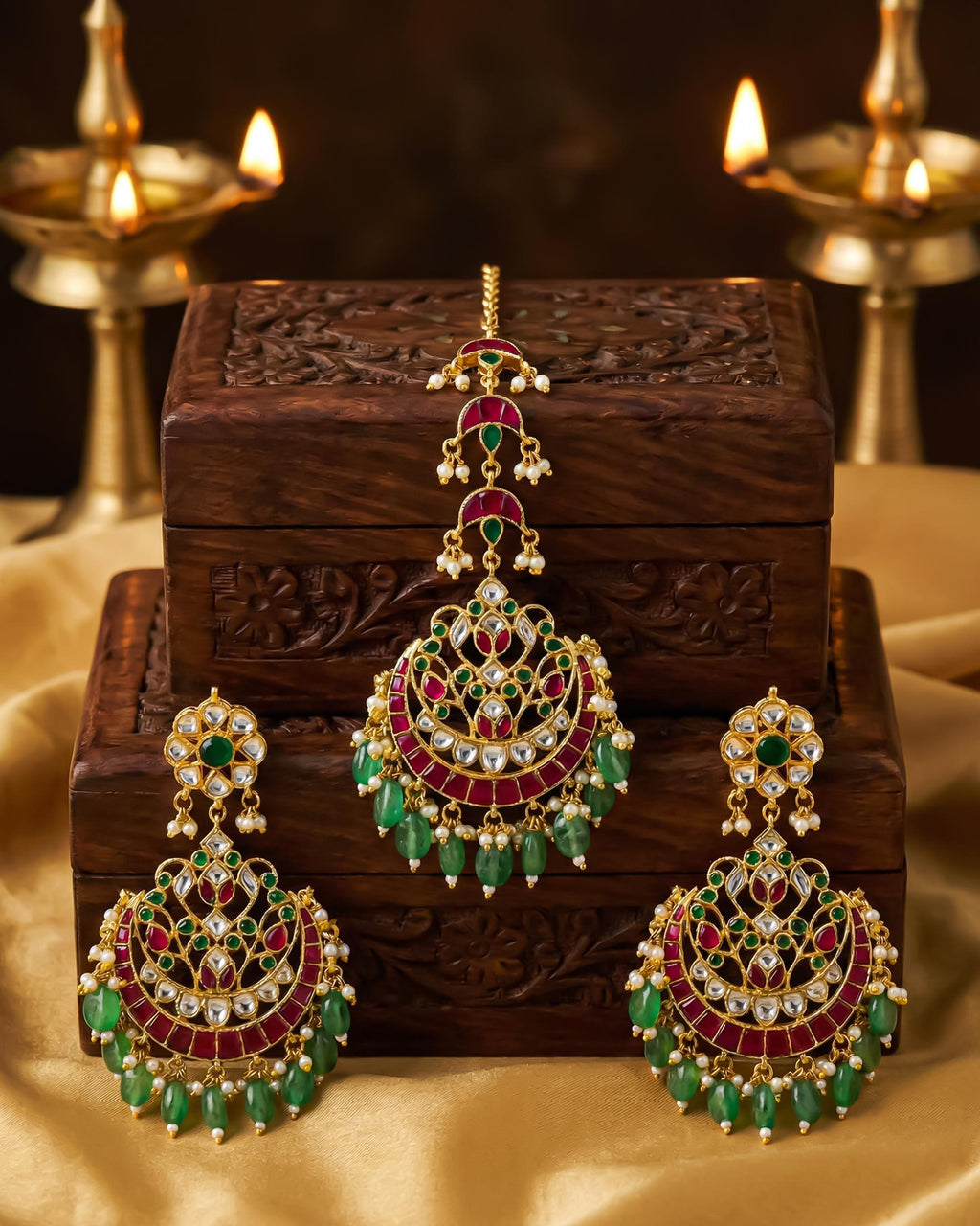 Ruby Emerald Kundan Chandbali Set | Indian Bridal Wedding Jewelry