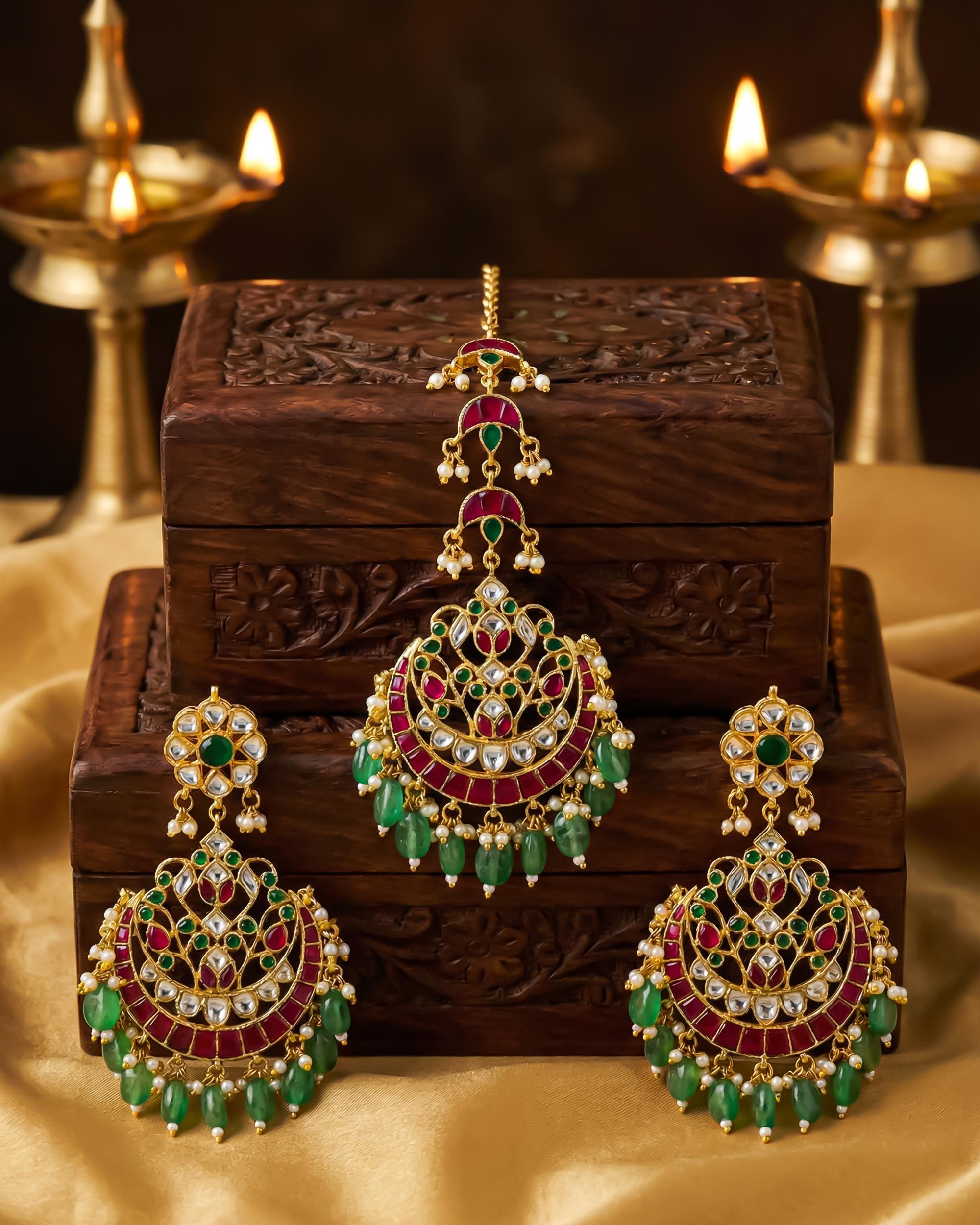 Ruby Emerald Kundan Chandbali Set | Indian Bridal Wedding Jewelry