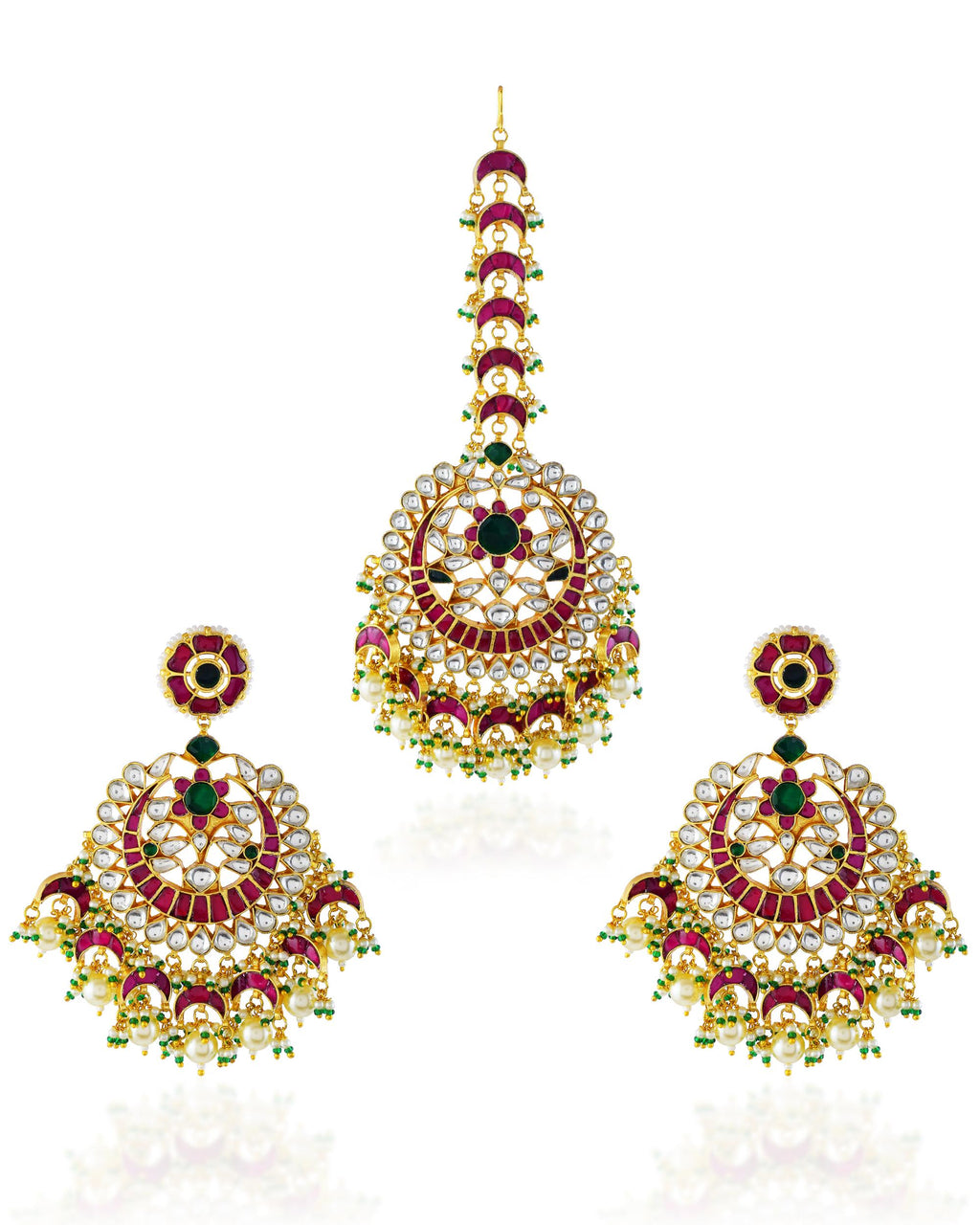 Grand Ruby Emerald Kundan Chandbali Earrings & Maang Tikka Set | Indian Bridal Jewelry