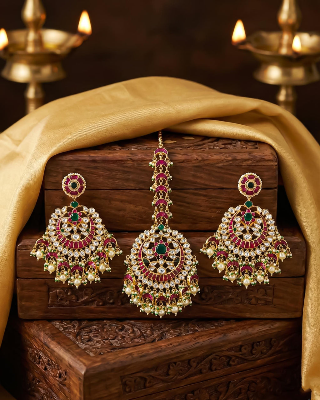 Grand Ruby Emerald Kundan Chandbali Earrings & Maang Tikka Set | Indian Bridal Jewelry