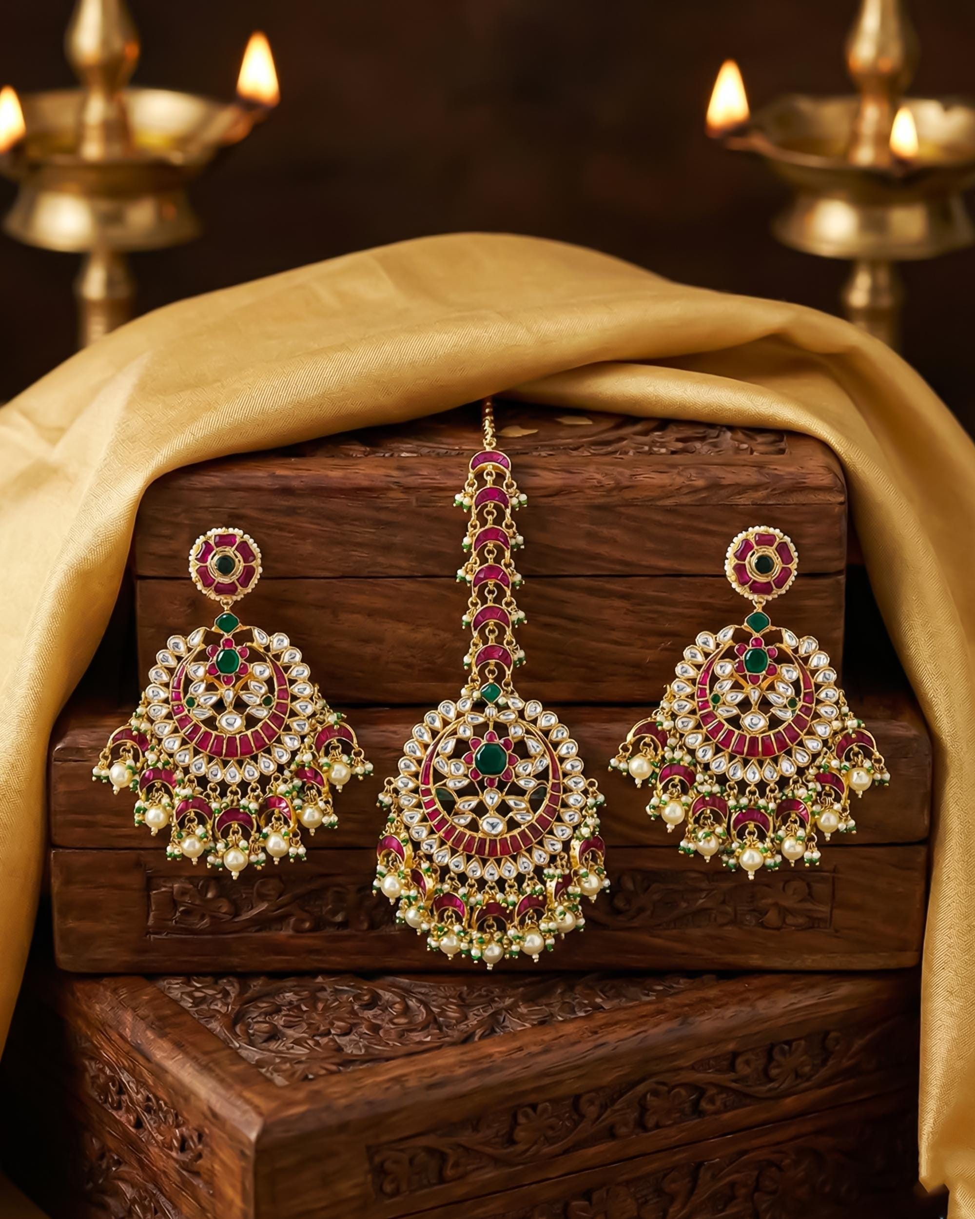 Grand Ruby Emerald Kundan Chandbali Earrings & Maang Tikka Set | Indian Bridal Jewelry
