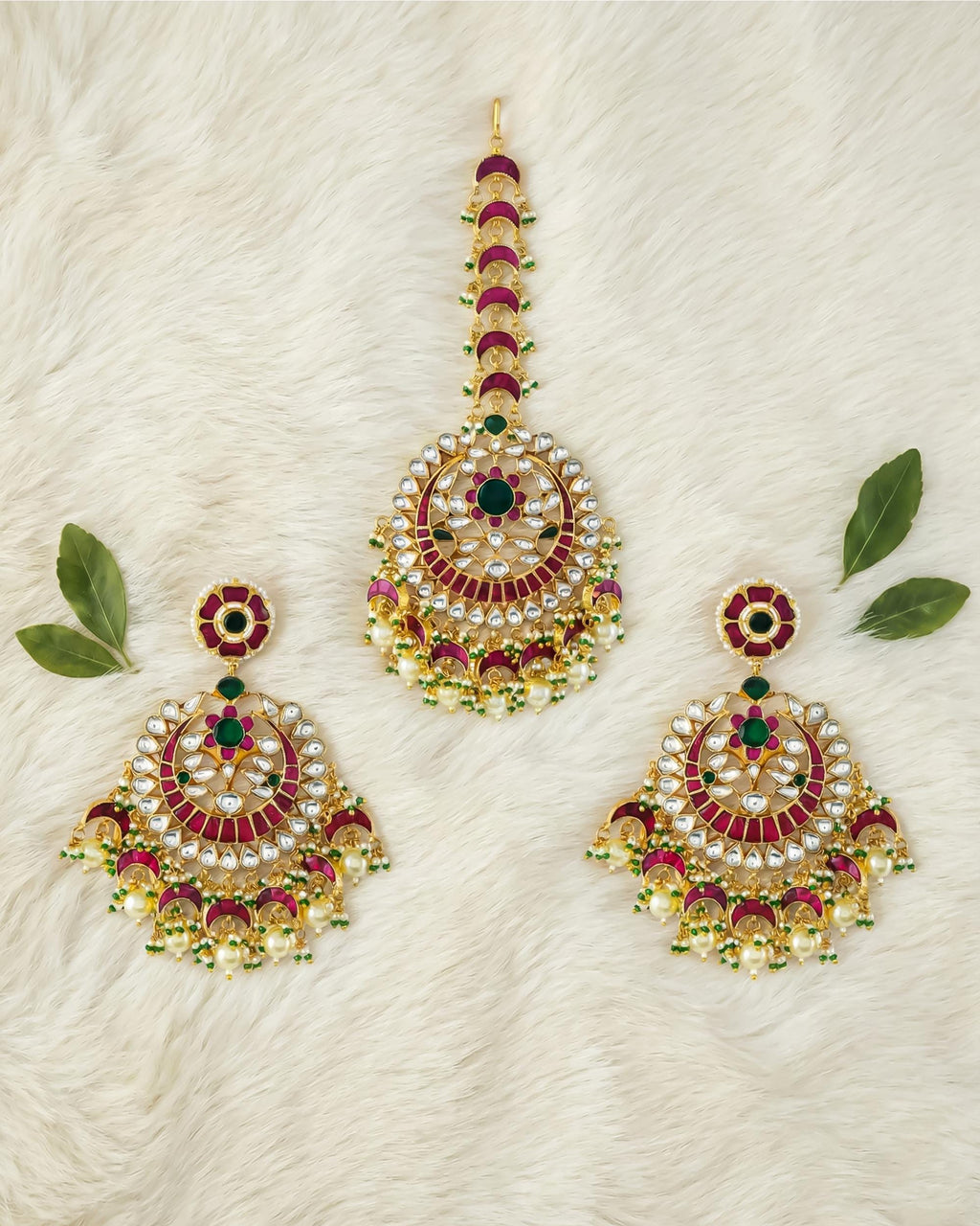 Grand Ruby Emerald Kundan Chandbali Earrings & Maang Tikka Set | Indian Bridal Jewelry