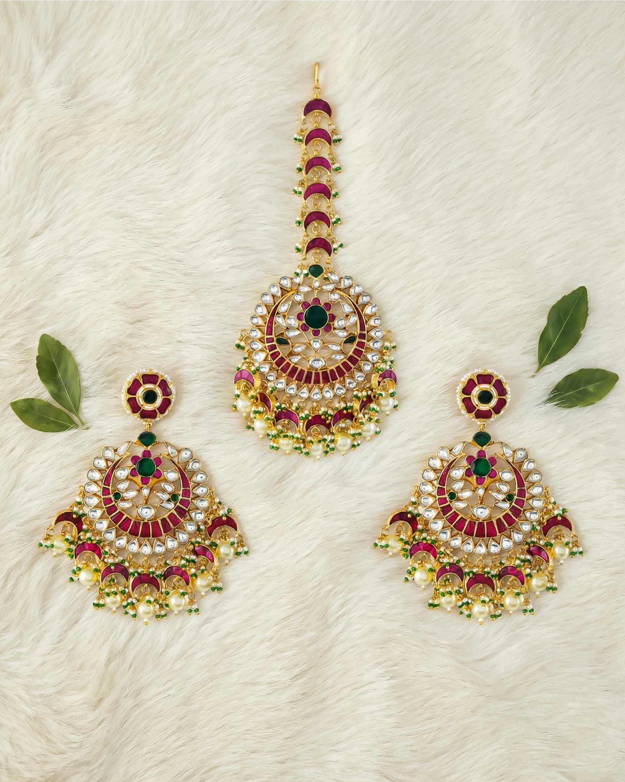 Grand Ruby Emerald Kundan Chandbali Earrings & Maang Tikka Set | Indian Bridal Jewelry