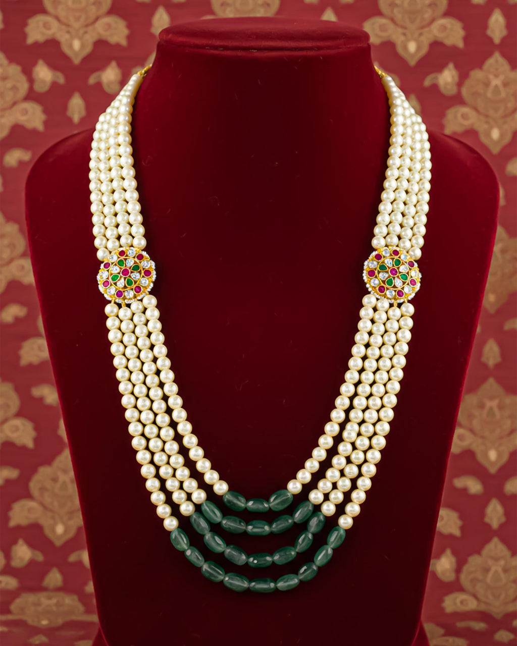 Men's Emerald Ruby Pearl Choker | Royal Jaipur Groom Necklace