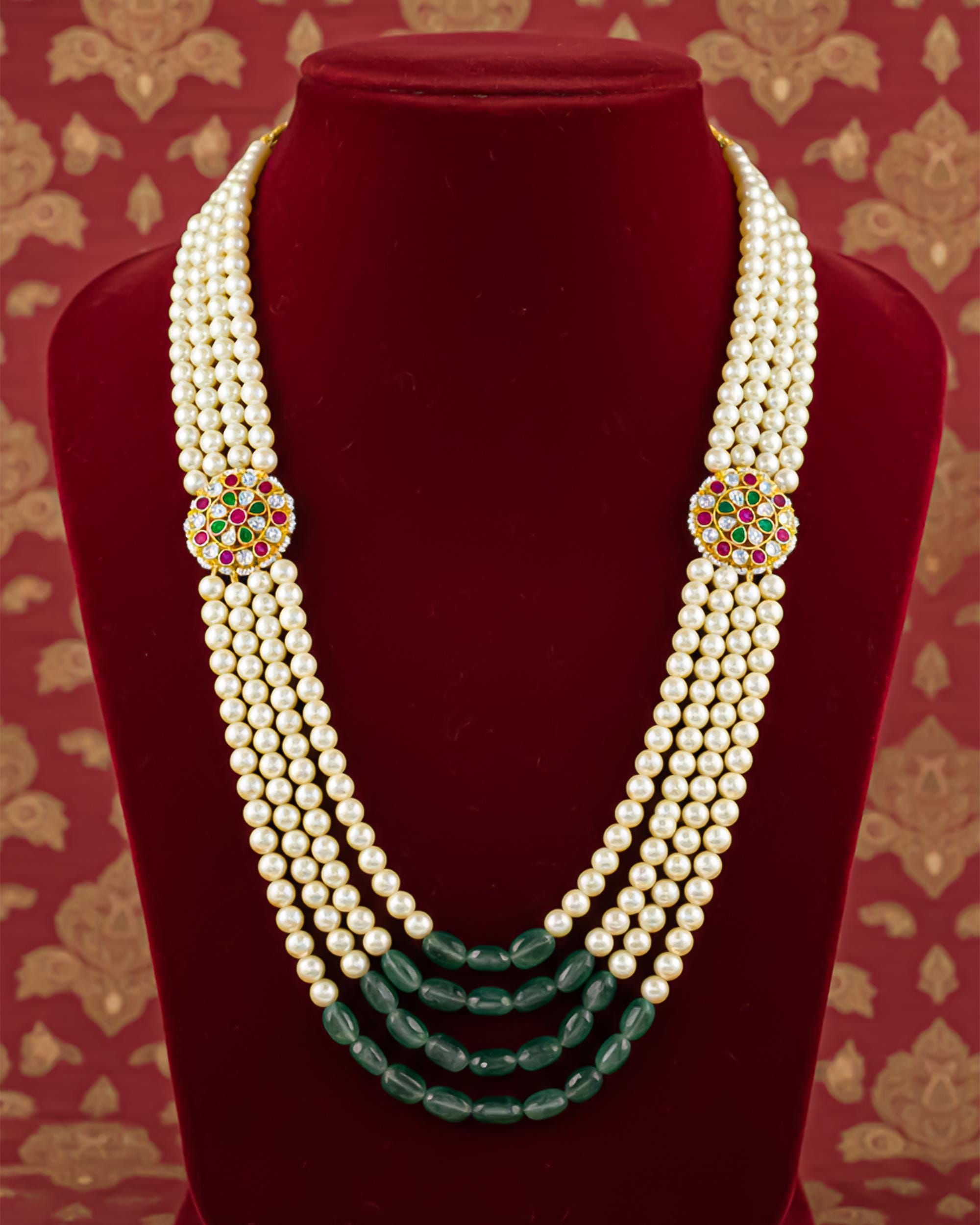 Men's Emerald Ruby Pearl Choker | Royal Jaipur Groom Necklace