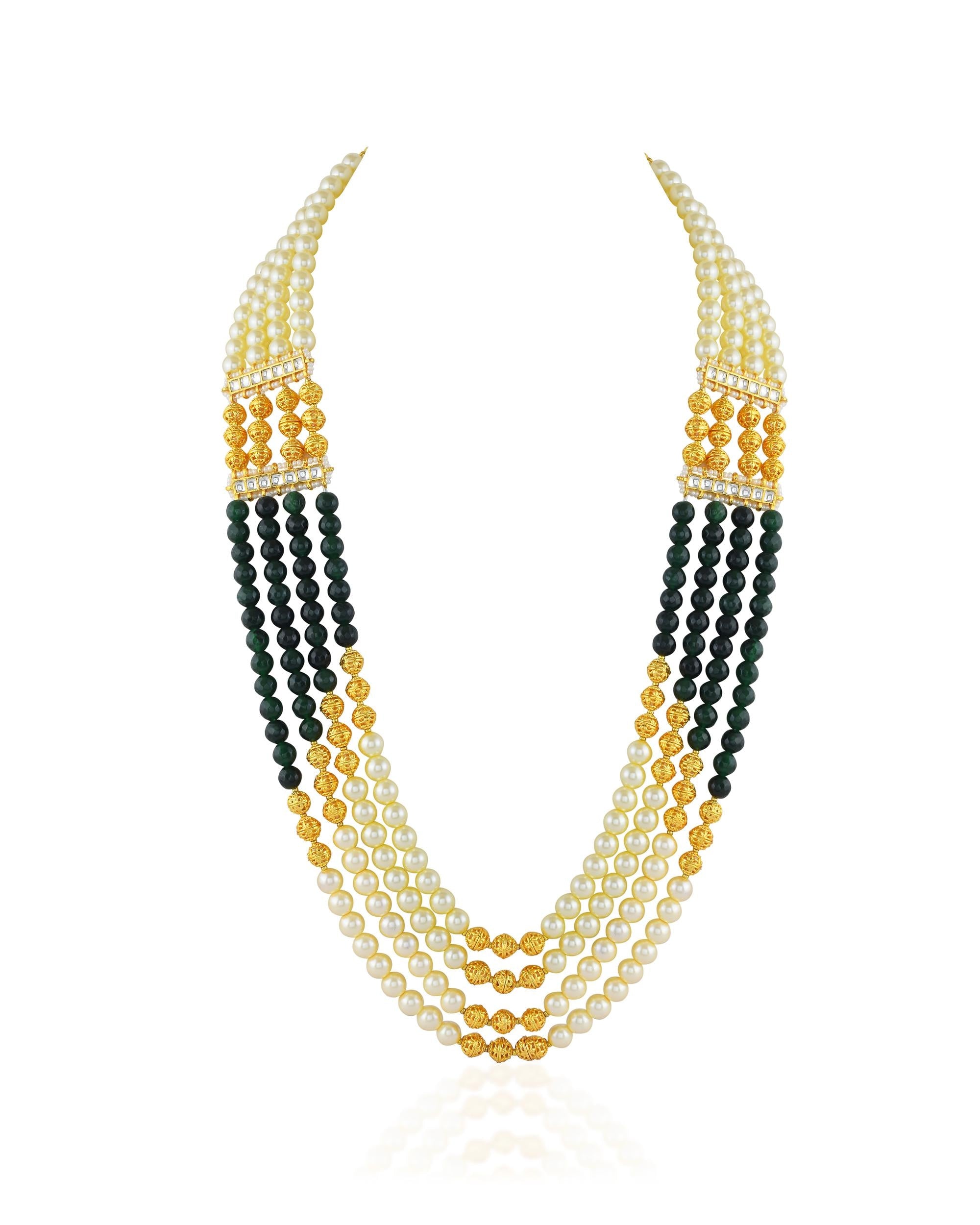 Royal Groom Sherwani Mala | Multi-Strand Pearl Emerald Necklace for Men