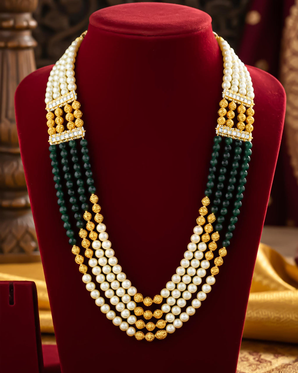 Royal Groom Sherwani Mala | Multi-Strand Pearl Emerald Necklace for Men
