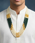 Royal Groom Sherwani Mala | Multi-Strand Pearl Emerald Necklace for Men