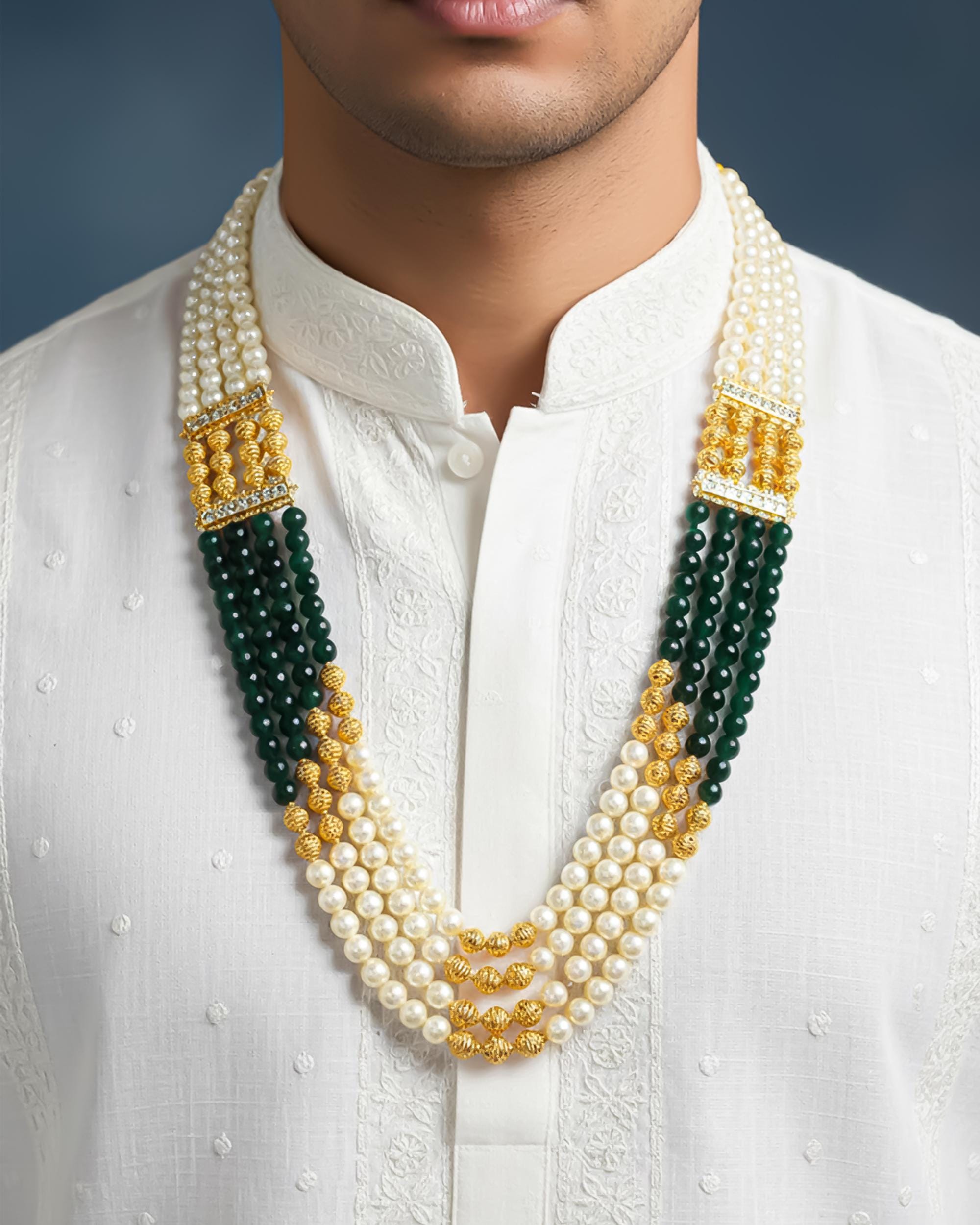 Royal Groom Sherwani Mala | Multi-Strand Pearl Emerald Necklace for Men