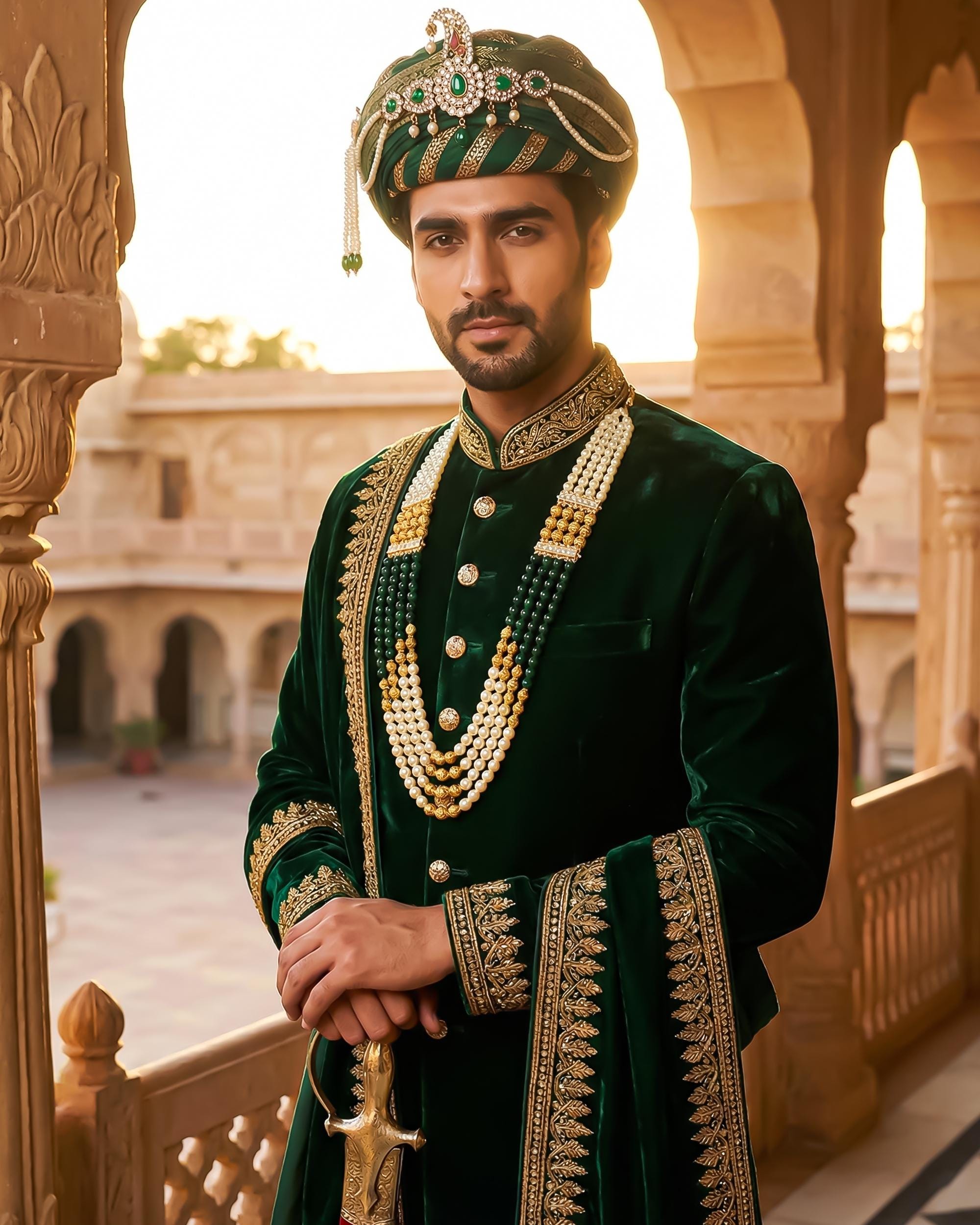 Royal Groom Sherwani Mala | Multi-Strand Pearl Emerald Necklace for Men