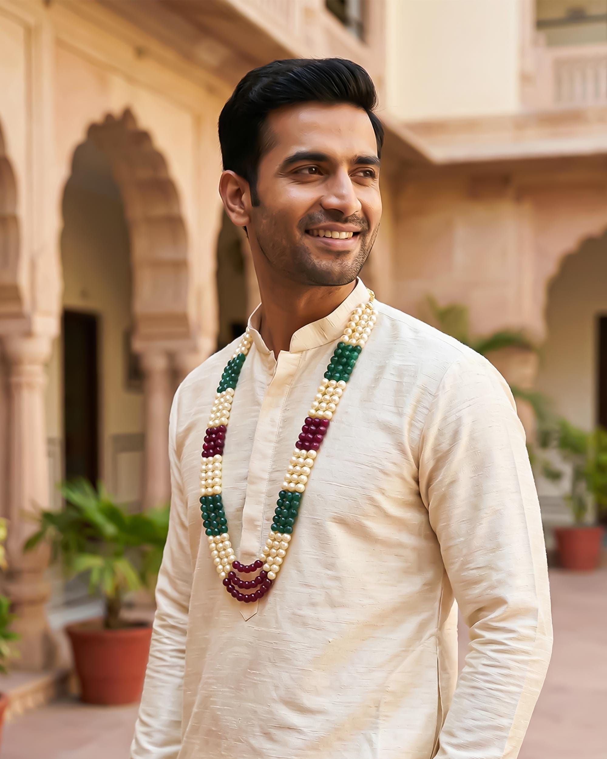 Layered Pearl, Maroon, Emerald Groom Mala | Indian Wedding Necklace for Men